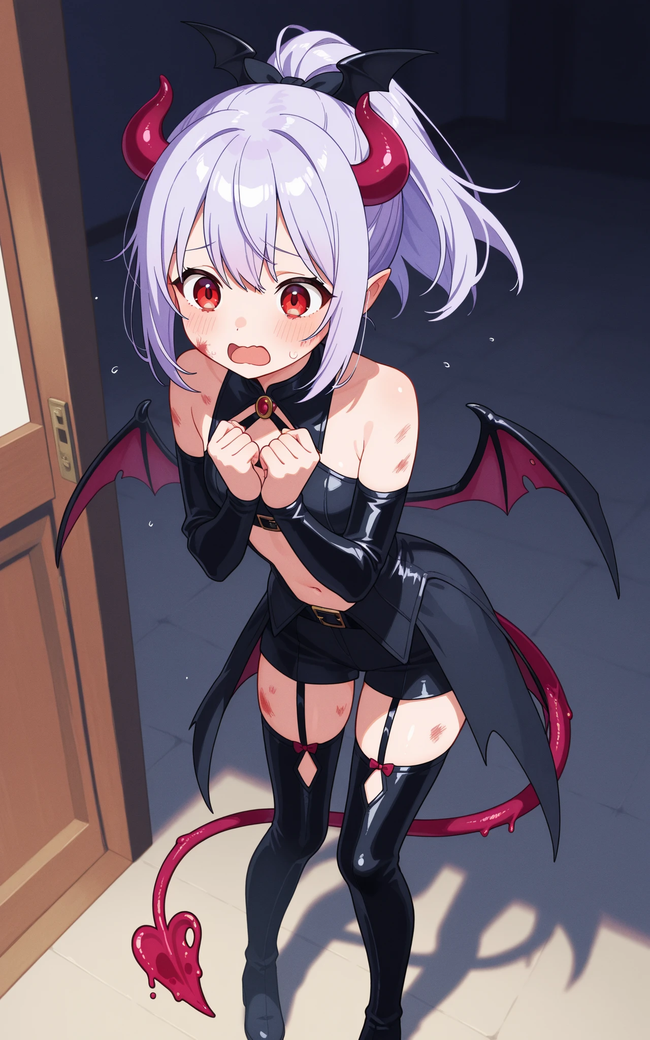(masterpiece:1.2), (highest quality:1.2), perfect eyes, perfect face, perfect lighting, middle ages, prison, 1 boy,(Remilia) big breasts, silver hair, waby hair, short hair, ((((nude)))), cute eyes, medium breast, glaring, open mouth, ((from above)), ((front)), open mouth, Vivid depiction, ((spread legs)), orgasm, scared, arms up behind, ((abs)) ahegao, smile+happy, waiting for fang to start