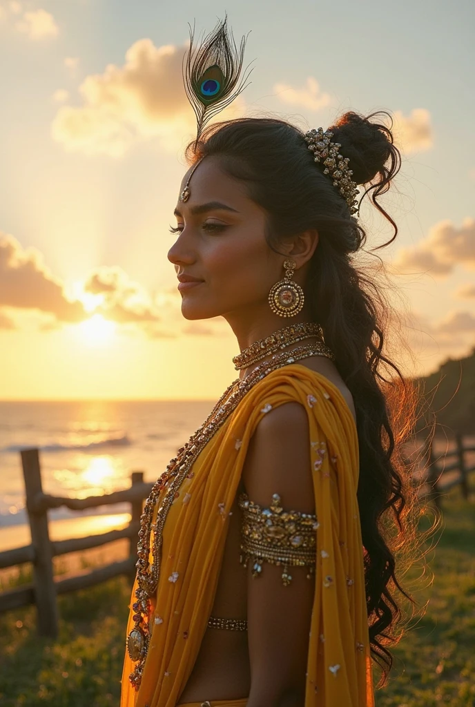 high quality, 8K Ultra HD, A beautiful double exposure that combines an goddess silhouette with sunset coast, sunset coast should serve as the underlying backdrop, with its details incorporated into the goddess , crisp lines, The background is monochrome, sharp focus, double exposure, by yukisakura, awesome full color, village farm setup with a wooden fence,  green grass, and soft clouds. Krishna wears yellow clothes and jewelry with a peacock feather. Make it playful and festive."