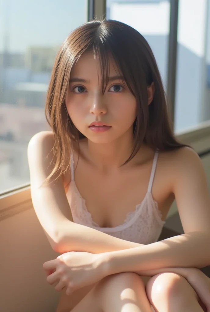 masterpiece、highest quality、16K、soft light、professional lighting、Pale shading、Weak contrast、Japanese、beautiful girl、daytime office、Window seat、sitting in front of the computer、Tight tank top that clings to the breasts、The skin is visible through the fabric、(smooth and beautiful thighs:1.6）、(small breast:1.0)、Faint cleavage、fine and beautiful eyes、（cute hanging eyes）、（thin eyebrows）、（thin lips）、gentle smile、(long wavy hair、high ponytail),(The bangs are see-through bangs)、