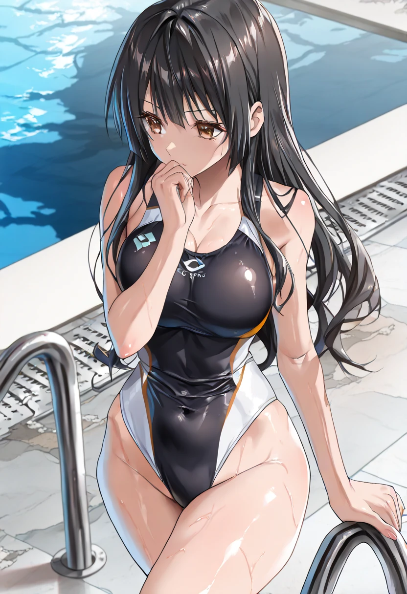 Anime girl in black swimsuit sitting on pool side shelf, swimsuit, swimsuit, marine Kitagawa fan art, seductive anime girl, swimsuit, next to pool, Makoto Shinkai and artgerm, pretty detailed anime art, highly detailed artgerm, wallpaper anime blue water