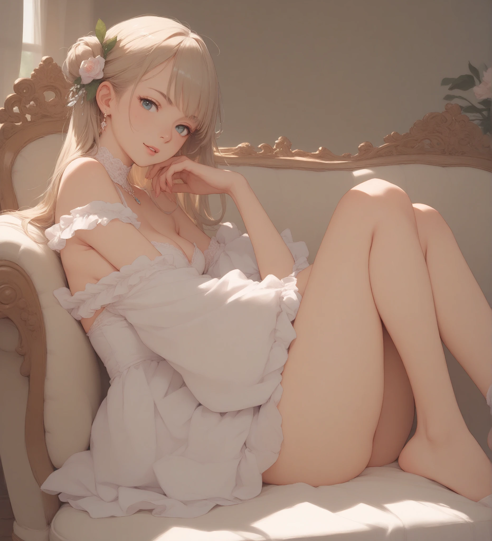Theme: Beauty Riding a Pig Content Elements: Flower Crown, Elegant Long Dress, Bare Feet, Sexy Lingerie Made of Transparent Plastic, Showing Breasts,vulav, And warm soft light Angle of view: wide-angle Camera parameters: Leica 50mm, f1.4, shallow depth of field Rendering engine: Unreal Engine