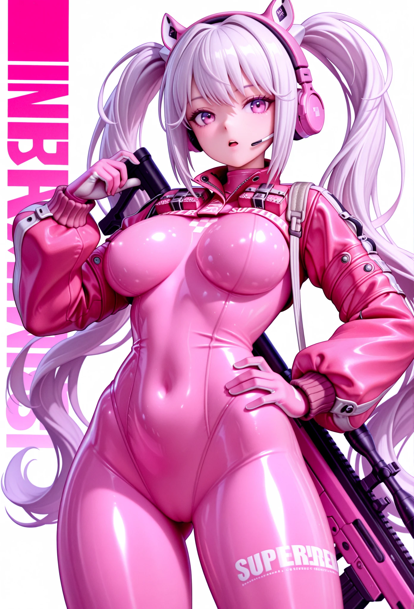 black, pink, white, purple, (white hair woman), tattoos, voluptuous, big breasts, cleavage, sexy, erotic, (techwear clothes:1.1),abstract lines and circles background