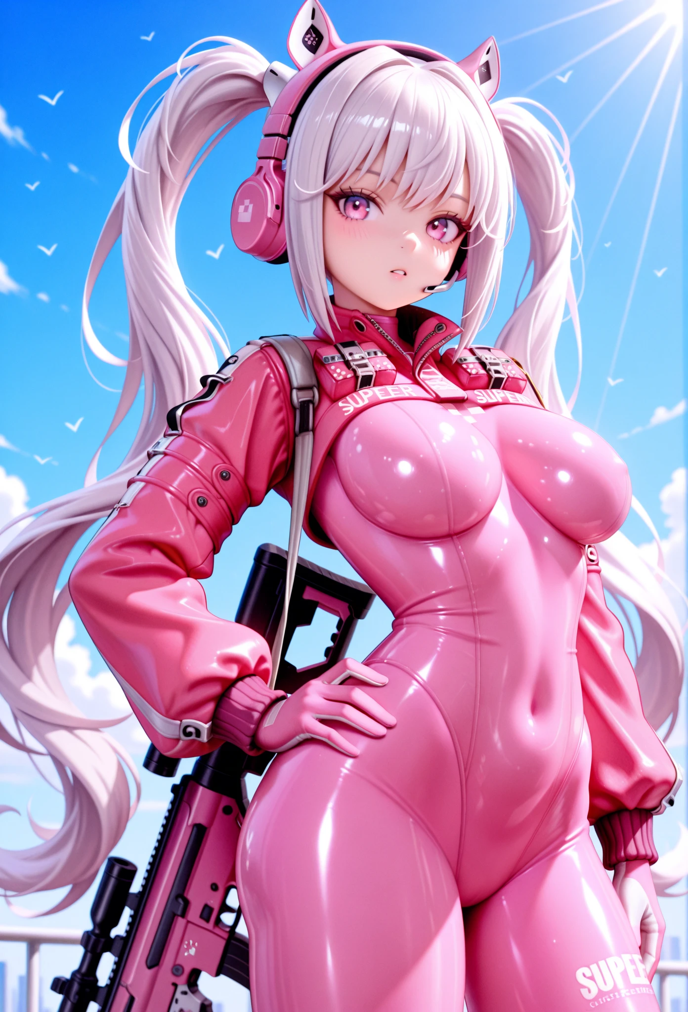 (best quality), cute girl, white hair, twintails, alice (nikke), latex, plug suit, masterpiece, wearing weapon, animal ear headphones, big breast
