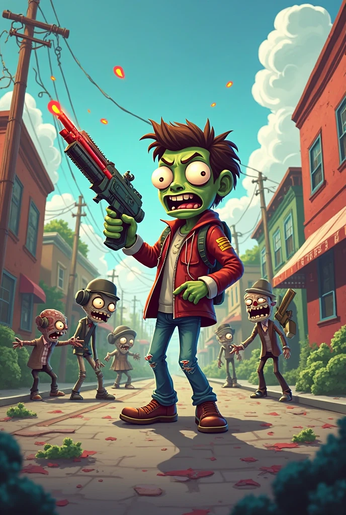 poster design：Plants vs. Zombies，Zombies are about to invade，Defense War Game，fear，bloody，Old，Zombies，Violence，Peashooter，Potato Mine Explosion，Ragged clothes，Exaggerated art illustration，