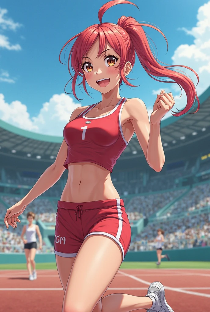 a woman wearing a tennis uniform, exposed abdomen, exposed thigh, white skirt with faint blue details, sports tennis shoes, pigtails, hot pink hair with silver strands, large breasts, pink eyes, smiling, walking on a tennis court, full body, blue sky with clouds,HDR , ultra resolution, sharp, masterpiece, 8K HD (solo woman)
