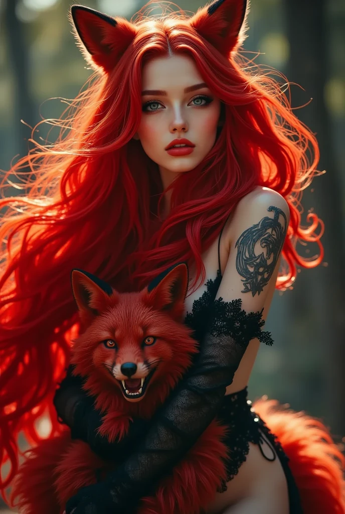Princess with black lips, fierce cute face, red eyes, red curly hair,red wolf beside