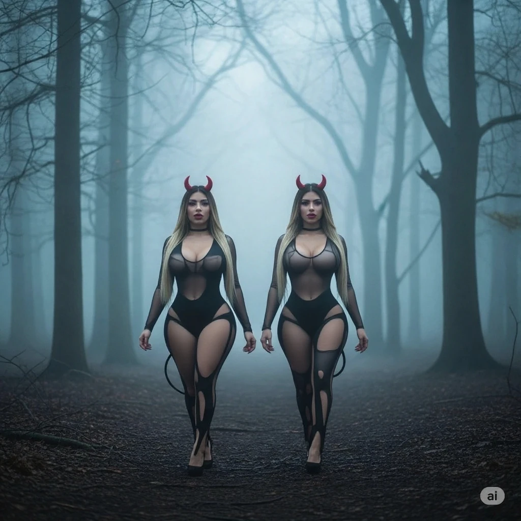 Create a epicrealistic blond long hair sexy curvy woman with horns, dramatic eyeshadows, big claws wearing a black tight dress suit with decorative bones in a enchanted forest in the middle of the night with full moon