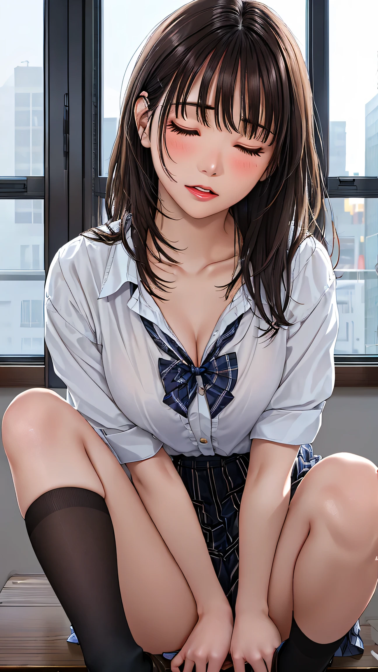 masterpiece, best quality, physically-based rendering, high resolusion, RAW photo, photo realistic,

1 girl, Japanese, best detailed girl, (nsfw),  

((17 years old)), 

dark skin, light brown hair, BREAK blue eyes, BREAK (flat chest:1.5), (big puffy nipples:1.2), BREAK 

, (clothed pink strapless bra:0.5), BREAK ((clothed white shirt:1)), BREAK side ponytail, flower hair ornament, BREAK (school bag：0.2), 

night time, 

bedroom, ivory wall, BREAK calm atmosphere, Calm light of proof

wooden double bed, white sheets, BREAK white pillow, BREAK 

((lying on back on the bed, spread legs:1.5)),

((clothed navy pleated skirt:1.5)), BREAK 

(undress shirt, open shirt wide:1.9, bare breasts:1.8), 

((vaginal, sex)), 

smile, looking at viewer, 

(pov, missionary position, from front:1, from above:1.5), genitals highlighted, 