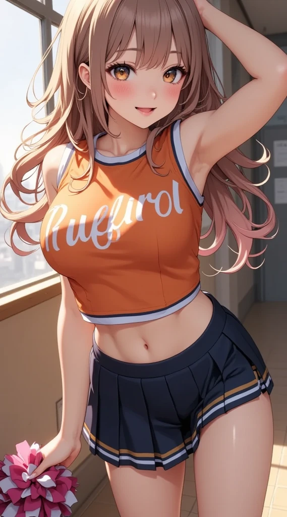 masterpiece, best quality,(NSFW:0.7), (kunikida hanamaru:0.999), (long hair:0.888), (breasts:0.878), (brown hair:0.875), (looking at viewer:0.699), (large breasts:1.2), Blush, very tight blue tube top, strapless, midriff, cowboy shot, very tight shorts,in wrestling ring , excited smile , arms up behind head, armpits , sweating, soaked in sweat,Confetti