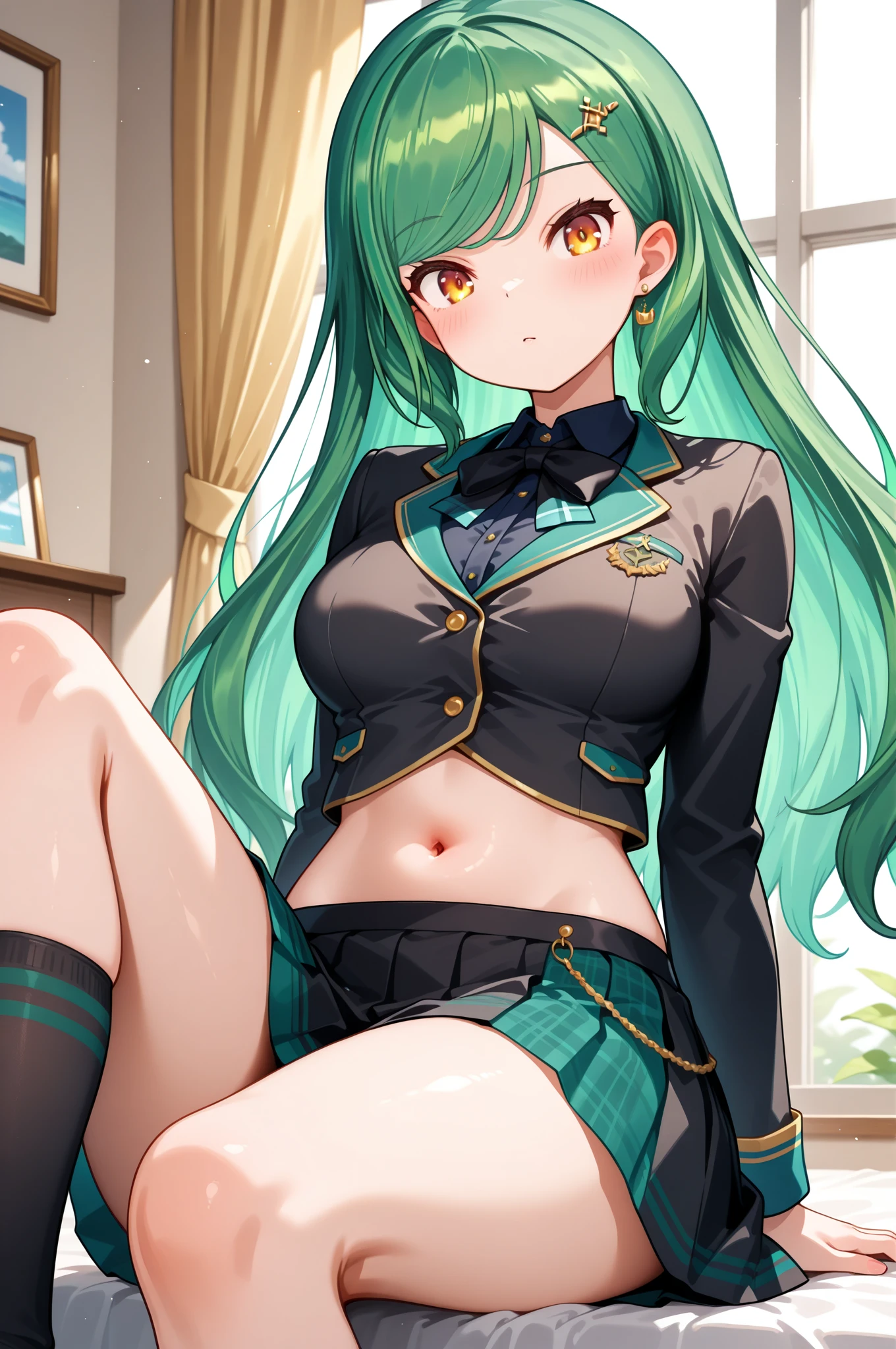 (((Spread your legs)))、((Two Women)))、Uniform Blazer、Beautiful beauty、Long green hair、((whole body))、(((Photo taken from below)))、school gate、Large Breastini skirt、Panties are black lace、Japanese、expensive、Long limbs、Hairstyle Twin tails