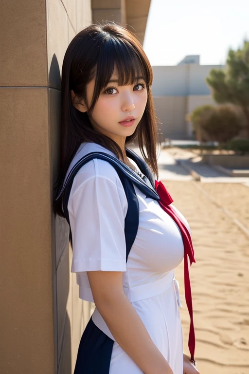 A 45-year-old half-naked fair-skinned Japanese beauty looks at you with a smile。Showing big breasts with plump nipples。Blue sailor suit with open front。Crotch exposed。Blue pleated skirt with an open front。Glamorous whole body with big breasts and pubic hair exposed。Shocking pink thin panties。Black leather shoes。The background is a city sidewalk。
