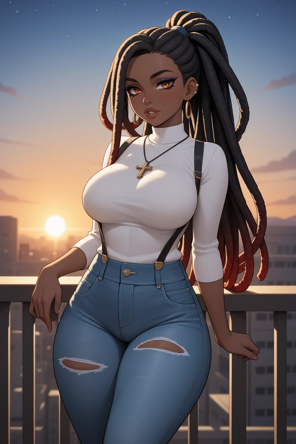 Girl with black skin, braided brown hair, Box braids, green eyes, smiling, black bra, white blouse, big circle gold earrings, freckles, big lips, on a rooftop, nyc skyline in the background, blue skies big clouds Wearing extremely tight jeans, extremamente sexy, 8k, (melhor qualidade: 1.0), (ultra highres:1.0)