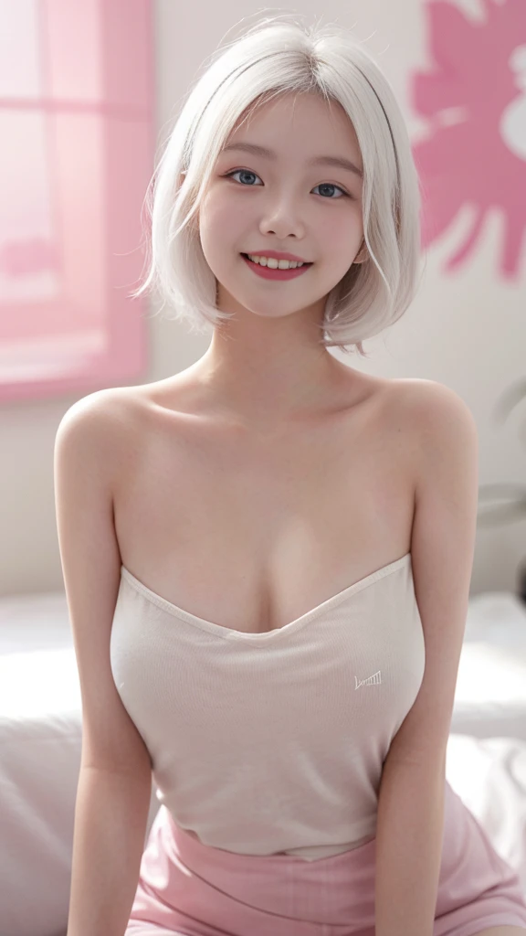 8K Ultra Resolution、Beauty、One Lady、Bright white hair:1.1、Ultra-detailed face、Detailed lips、important、(Eyes meet)、double eyelid、Princess Eyes、 Beautiful Japanese Women、Beautiful Japanese Women、Sensual lips、A seductive and soft body、Bust size 82、8th、20th generation、(20-year-old)、far and near method、 important(Detailed hand counts and shapes)、Clear images、Detailed eye sparkle、 Detailed background of light coming through a window、Bold woman sitting on white bed with legs spread wide、Beautiful breasts with attention to detail、、Smaller breasts、Ultra-realistic and detailed pubic hair、Hyper-realistic female nude portraits、Smiling with a nice smile、