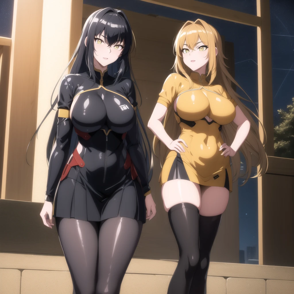 2girl, two girls , long hair, mature female, makeup, eyelashes, blush, lipstick, fur trim, mature female, gloves, fur-trimmed coat, outdoors, rooftop, cityscape, building, railing, night sky, scenery, city lights, masterpiece, best quality, highly detailed, a girls with a gun, evil smile , open mouth, sexy gaze, badass pose , evil smile, smile, (nsfw) not safe for work, guns blazing, anime girl with long hair, beautiful long haired girl, navel, evil expression, exposed belly, exposed navel, exposed midriff, exposed lower belly, long black pants, crop top, cleavage, unbuttoned leather pants ,open fly, low rise black leather pants, leather jacket, holding a gun, navel piercing