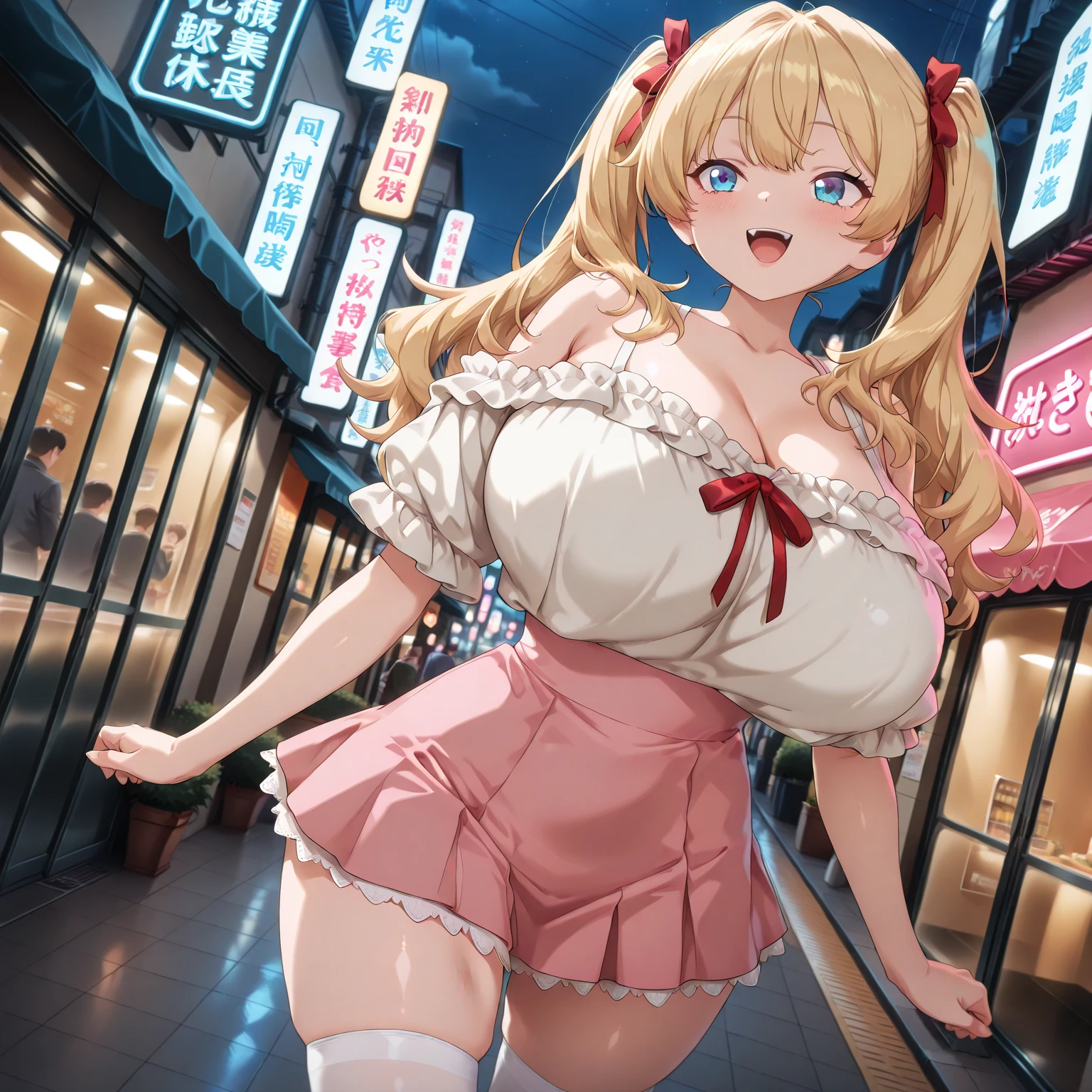 , full body
1girl,  (((bimbo))),(hoop earrings, puffy lips, painted lips, thick lips.:1.2) ((platform heels))
blonde hair, (short twintails,:1.2) (wide hips:1.2), thick thighs, bursting breasts, huge ass
 (full skirt),navel, tube top, o-ring top, 
Nightlife, Night city, Cyberpunk city, futuristic cityscape. Neon lights, (skyscraper:1.1), Tokyo tower, palm tree, cloth sign, ramen stall, night club. bright city lights, exotic car. alcohol, bar, ramen, soup stall ,alcohol bottles, ((crowded background)), ((Paparazzi)), detailed sky, cloudy sky