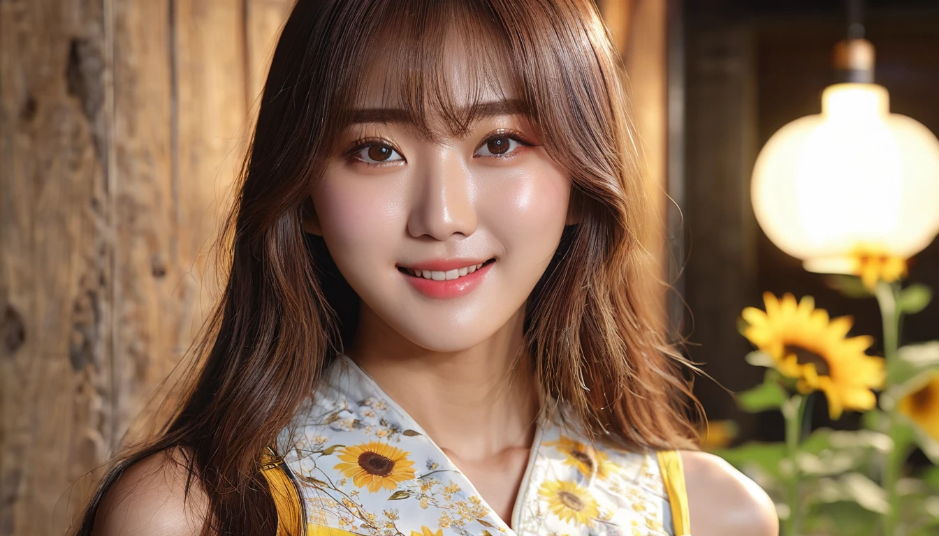 best image quality、Raw photo、超A high resolution、21 year old cute Japanese woman、Shooting for one person only、small breasts、shiny hair、light brown hair with highlights、Beautiful eyes in every detail、rainbow colored eyes、beautiful eyelashes、beautiful double eyelids、earrings、living room、Room wear、smile gently