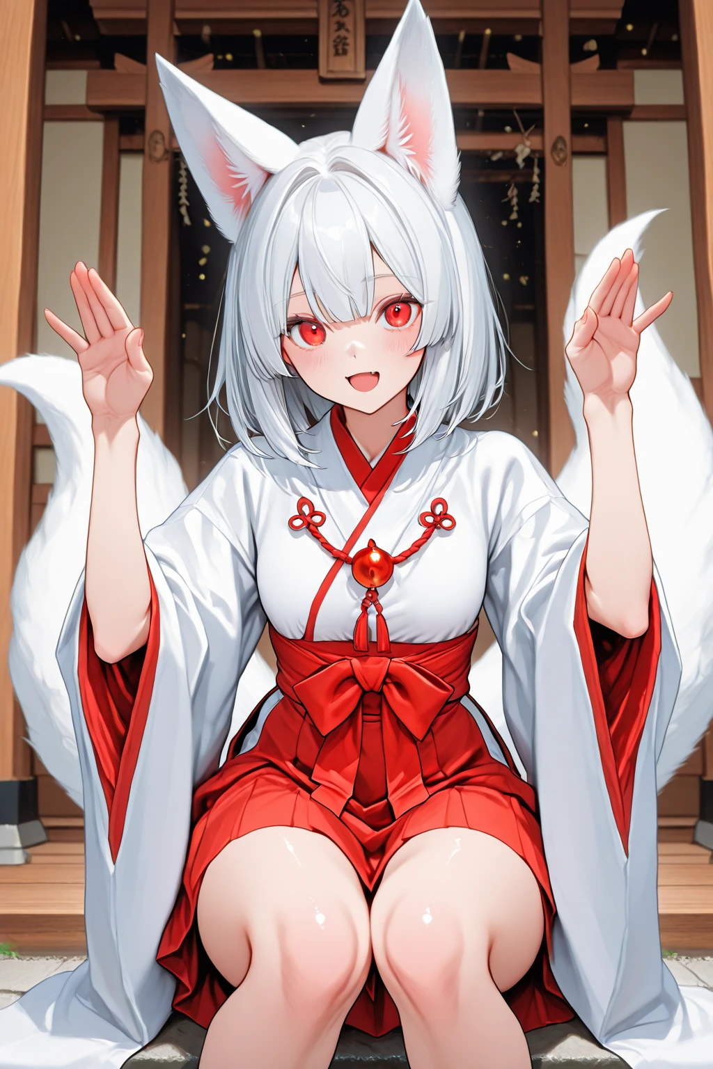 furry, white fur, ultra cute face, red elements on fur, glowing t-shrt, beautiful lights and shadows, ambient light, ultra detailed fur, volumetric light, (thick thighs:0.9), Japanese-style kneeling sitting, (Sharp eyeliner, eye shadows, Detailed eyes:1.1), legs spread:1.1, (view from front:1.1), (fox:0.8), tail