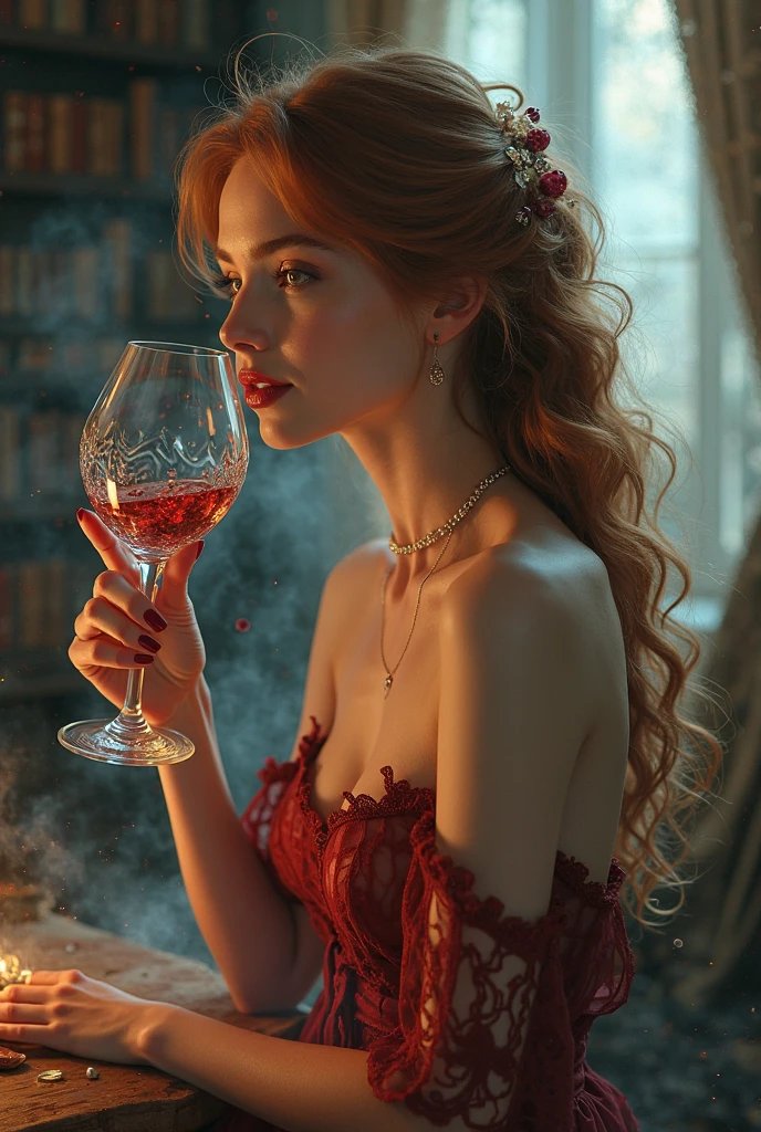 araffe woman with wine glass in hand, Karol behind uhd, natalie shau tom bagshaw, full of glass. CG Society, Vadim Kashin. ultra realistic, jana brick art, Retrato de uma ninfa de fantasia sombria, stefan gesell, in the style of dark fantasy art, artistic style tom bagshaw