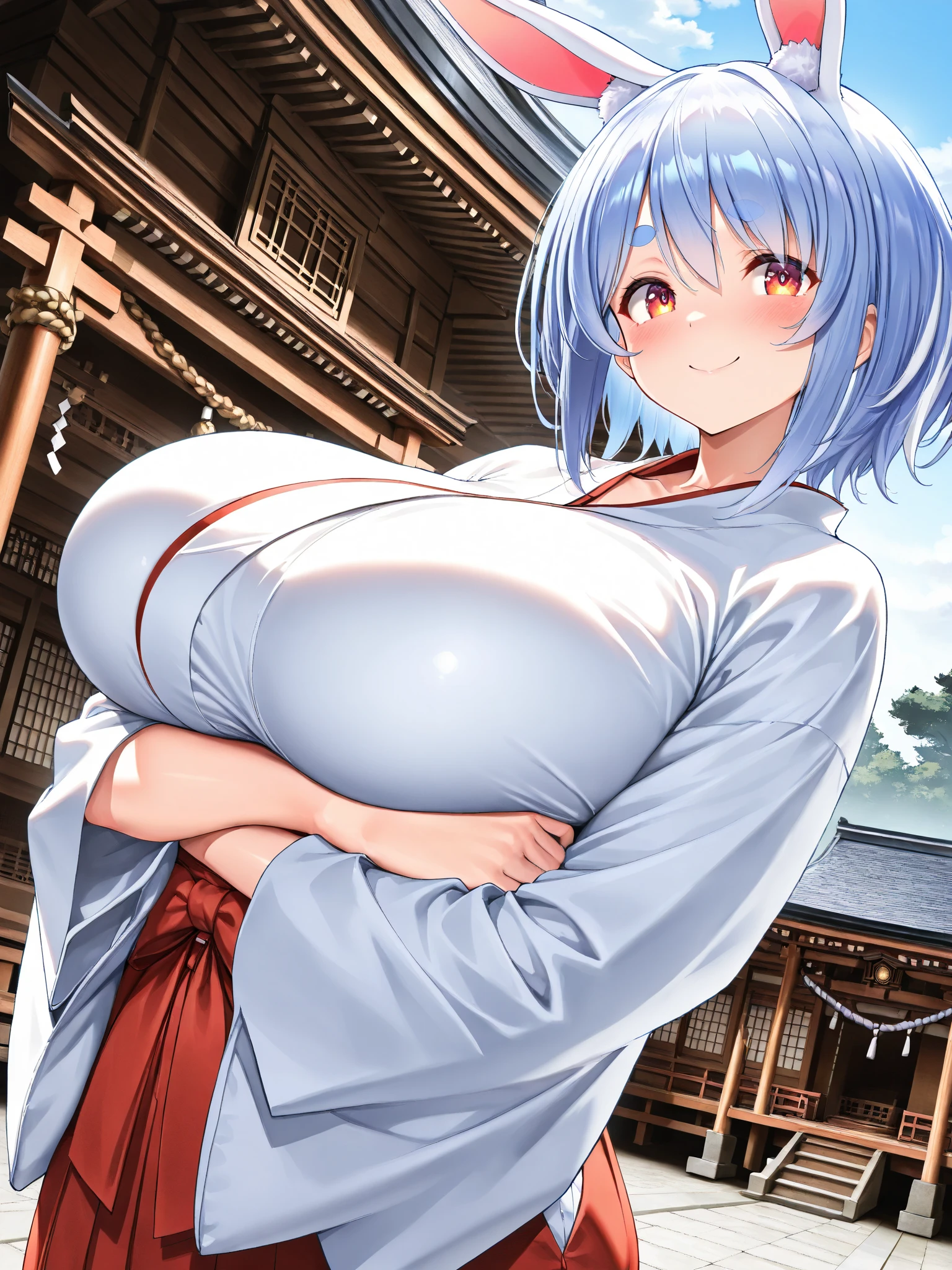masterpiece, 1girl, solo, gorgeous kimono, shoulders visible, huge breasts, light blue hair, middle hair, two side up, blue eyes, shy, happy, living room, standing