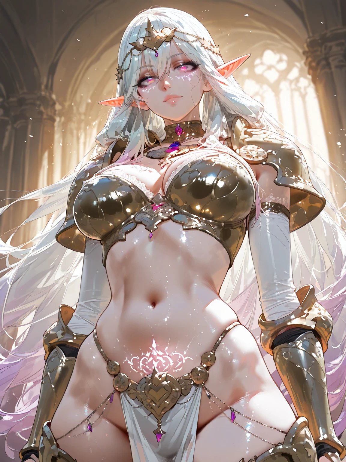 An elf woman, very dark tanned skin, beautiful silver hair, pointed ears, beautiful red eyes, pink lips, looking at the viewer, shy face, cheerful smile, masterpiece, future body suit, Cleavage, beautiful body line, seductive pose