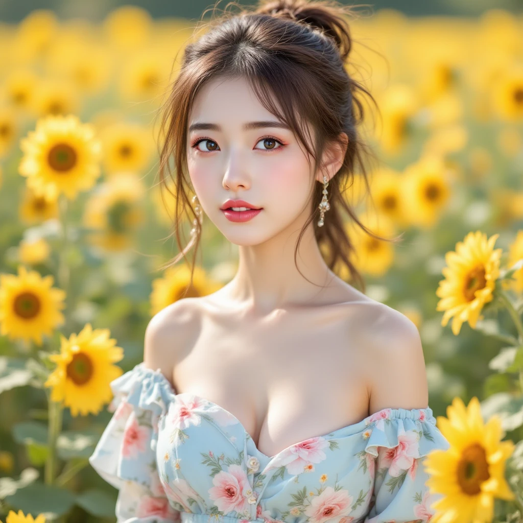 laughing out loud,(knee shot) ,In a field of sunflower flowers,Wear a chiffon dress,elegant,Fresh and unearthly,No shoulder,Elegant,1 female, On the face, light brown hair, blunt bangs, hair behind ears, Shoulder-length hair, long hair, Slender body type, 超face slimming型, face slimming, delicate lips, beautiful eyes, Thin blush, Eyes are light brown,View here, (actual:1.3), One person's perspective, 8k, Super detailed, high quality, best quality, High resolution, ,Large Breasts,wear a H cup, 3,above knee shot