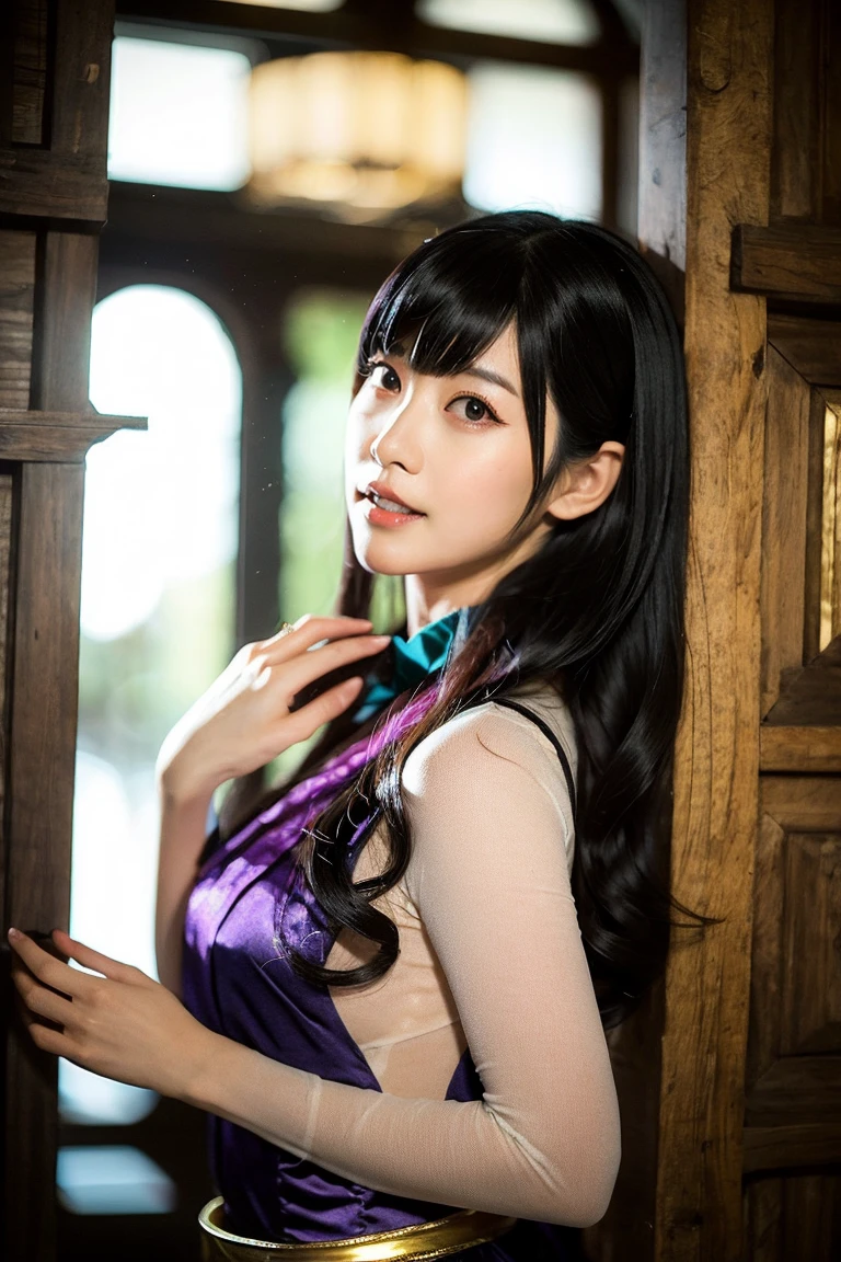 1girl, hyuga hinata in anime naruto, long hair, black hair, red eyes, smile, beautiful, sexy clothes, purple clothes, big breast, realistic clothes, detail clothes, fast-flowing rocky river, yellow bamboo trees, green bushes, ultra detail, realistic