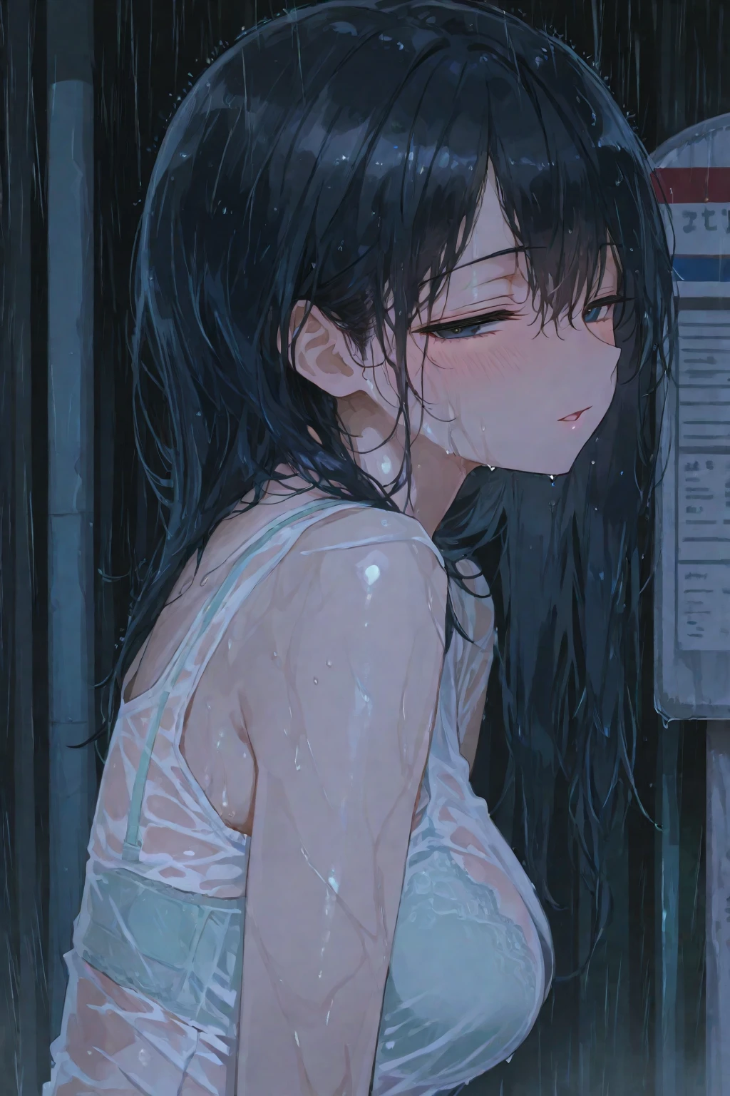 (1 girl, Solo, Japanese girl), 13 years old, Best quality, masutepiece, 8K, High resolution, Ultra detailed, black hair, long wavy hair, hair clip, (((crying, tears))), (( (taremae))), (short white dress), wet hair, wet skin, wet clothes, heavy rain,