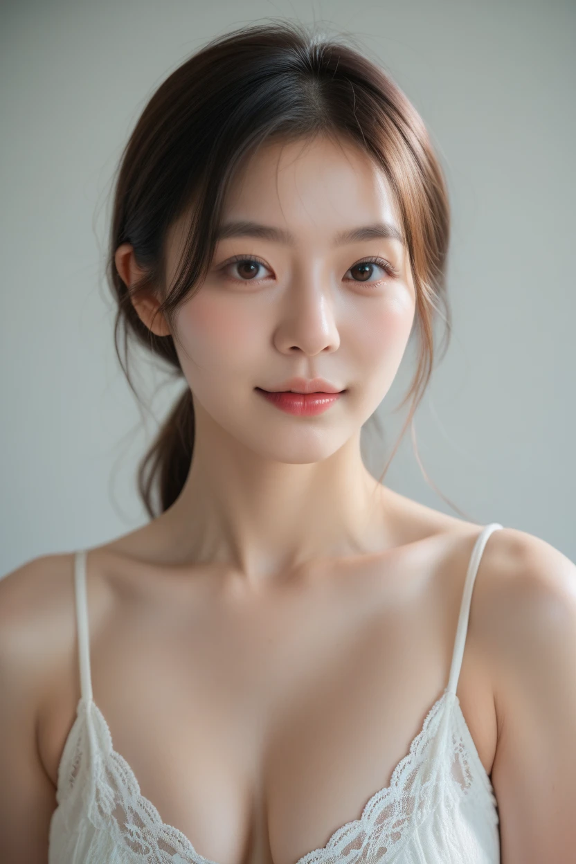((cute japanese girl、beautiful japanese girl、1 girl、clear、1、ponytail、Highly detailed face and skin texture、refinement、super detailed face、super detailed eyes、Red、blush、cheek、Pink cheeks、close up of a woman、 from the neck up、 Close to the camera、 positive face、forward facing body、looking at the camera、front、cute、smooth white skin、Transparent skin texture、))、(dark brown hair、bangs)、beautiful woman with perfect style：1.4、Japan models、young gravure idol、Young cute gravure idol、Realistic young gravure idol、sophisticated gravure idol、((highest quality、8k、masterpiece:1.3、１Photo))、(4K、RAW photo、highest quality)、(realistic、Photo realistic:1.37)、Place a person across the screen、Natural light、professional lighting、F cup、big breasts、big breasts、Beautiful and well-shaped breasts、full nude、naked、topless、
