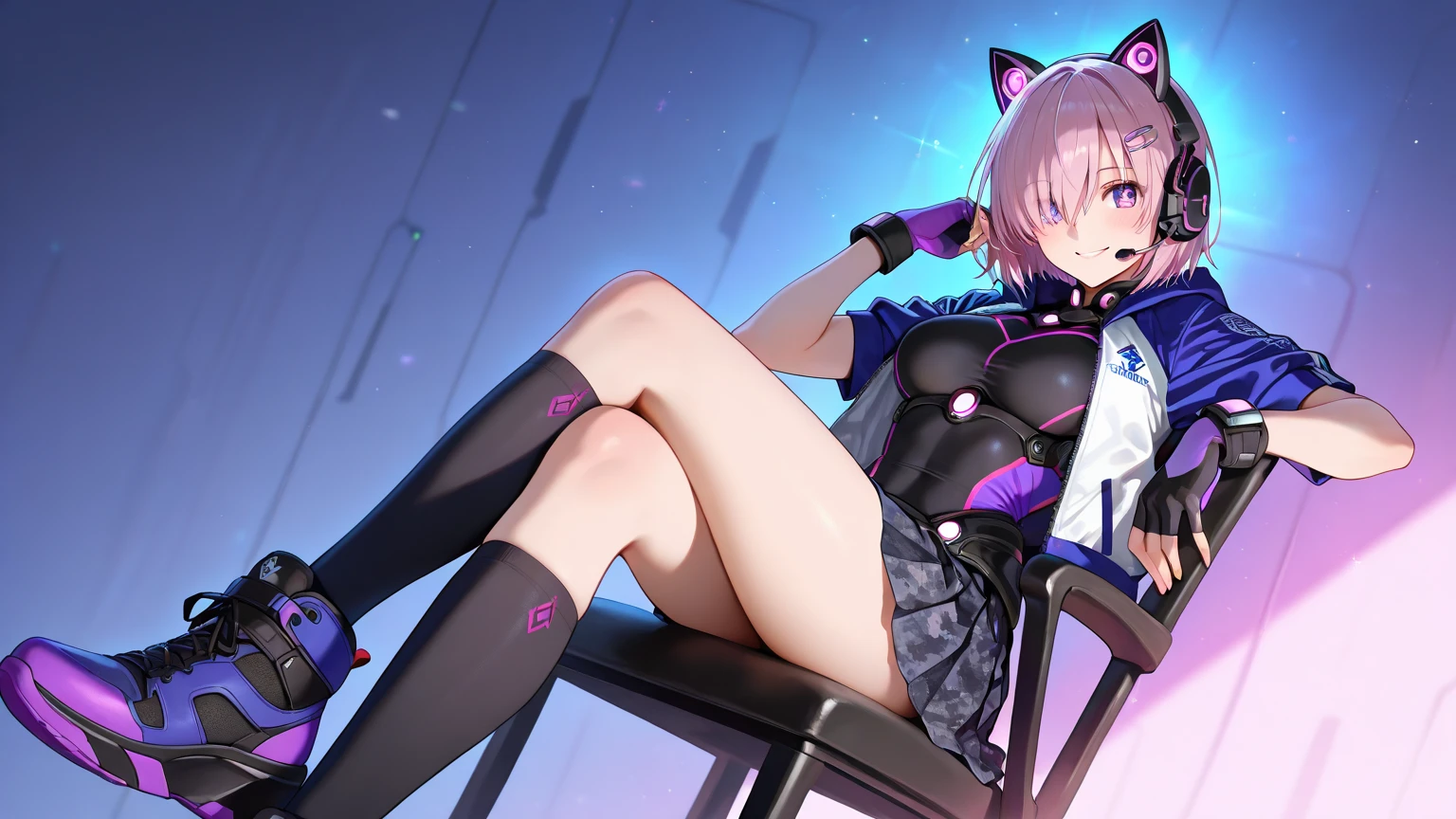 详细的脸、long eyeslashes、finely eye、(a short bob:1.3)、(Aimei:1.3)、(Purple hair and white mesh:1.2)、Large cleavage、Slimed、natta、a moon、Cyberpunk、cyber punk Girl、takeout、Cyber City、Black Mechanical Suit、Robot Girl、Black Mechanical Suit、Weapon equipment、Raw feet、Beautiful legs