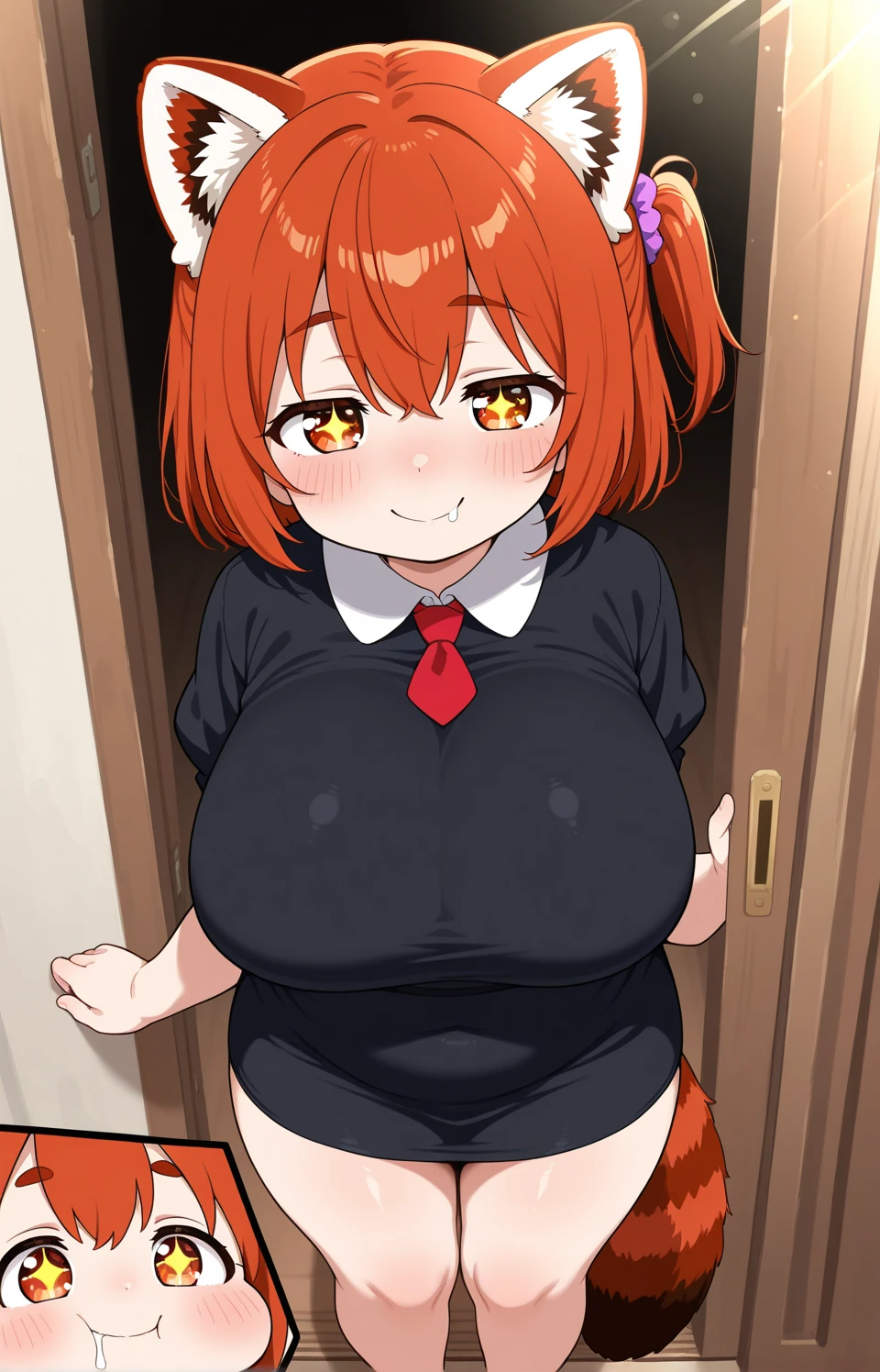 1girl, young girl with huge breasts, gothic lolita, maid outfit, glasses, orange hair, aqua eyes, Ilulu (dragon maid), Yukari (girls und panzer)