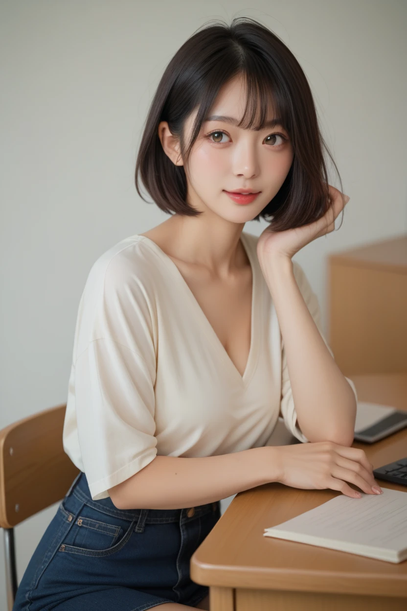 masterpiece、highest quality、16k、High resolution、超High resolution,Written boundary depth、Very detailed、Soft Light、Professional Lighting、Pale shading、Low contrast、Japanese、beautiful girl、Attractive woman、daytime office、Window seat、sitting in front of a computer、A loose, see-through blouse in pastel colors、Sleeveless、Navy Pleated Skirt、Small mouth and beautiful thighs:1.6)、(Big Breasts:1.3)、Deep valley、Beautiful and beautiful eyes、(Droopy eyes)、(Thin eyebrows)、(Thin lips)、A kind smile、(Long Wavy Hair、High Ponytail),(The bangs are see-through)、