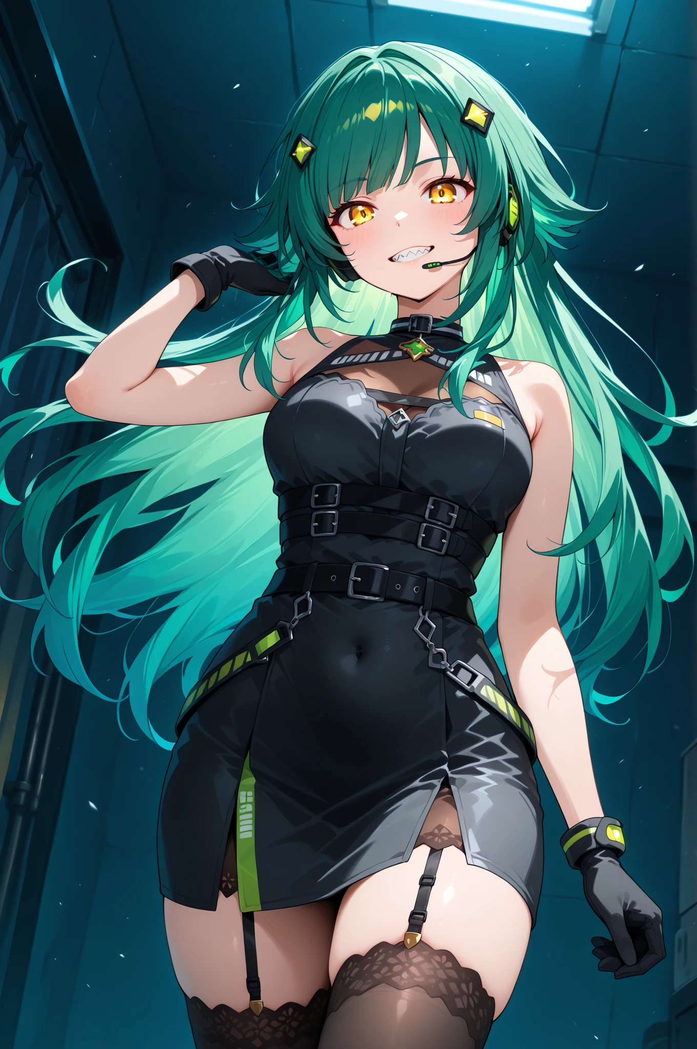 Anime girl with green hair and black clothes holding a knife, Fine details. Girls&#39; Frontline, Girls&#39; Frontline cg, Girls&#39; Frontline style, Girls&#39; Frontline universe, from Girls&#39; Frontline, from Arknights, Girls&#39; Frontline, Arknights, The truth of the matter, Kantai Collection Style, Villain Anime Girl, Mechanized Valkyrie Girl, USSG Ishimura, Girl in Armor, Official character art