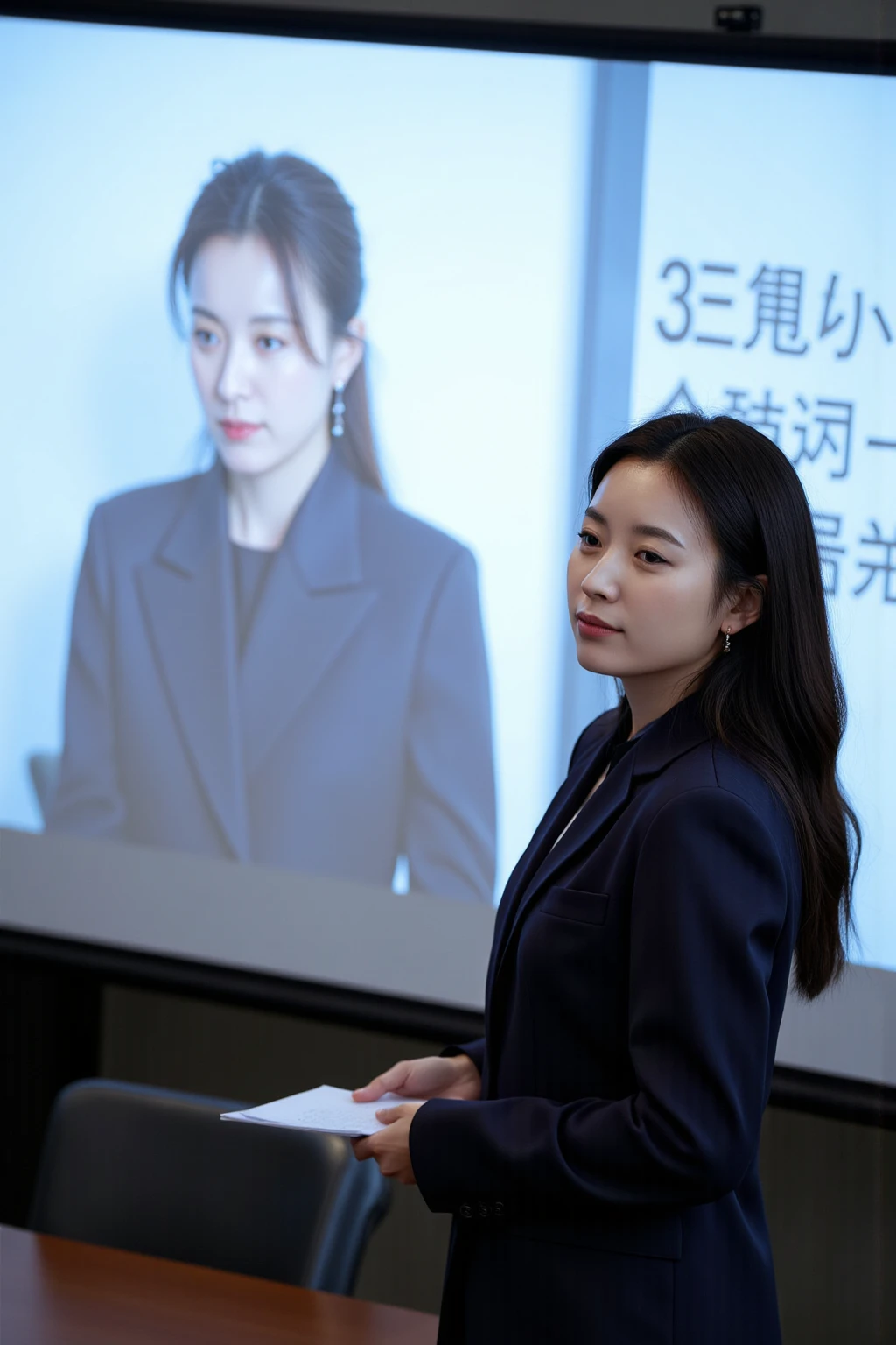 ((Highest quality)), ((masterpiece)), (detailed), One woman in her 30s,Wearing a navy suit.indoor,In front of a blank white board,Holding a pen in his left hand, he is pointing towards the whiteboard.,Beautiful hands,Long black hair,Good posture,A soft smile