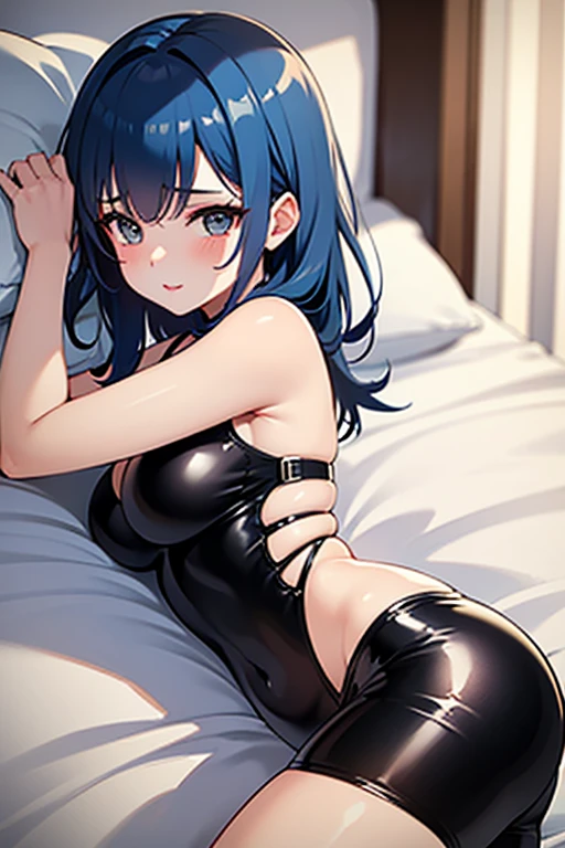 8k, beautiful eyes, beautiful body, ((Good anatomy)), young girl, ((from  black with blue strands, blue eyes, small ponytail, full body, Highly detailed, bangs, short hair, big breasts, barefoot, bare legs, sexually suggestive, sexy, nude, ((sitting on bed)), shy smile, ((from above))