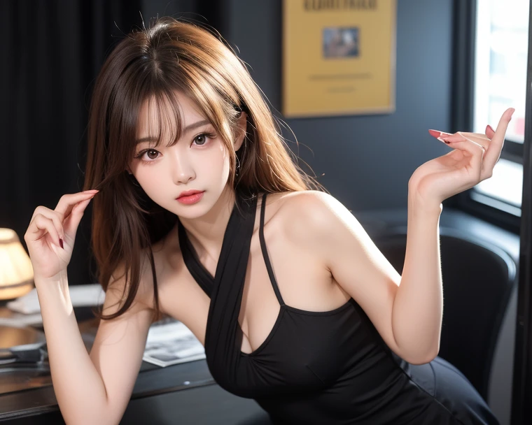 top-quality、​masterpiece、超A high resolution、(Photorealsitic:1.4)、
1girl in、off shoulders、deep-shadows、shinny skin、Messy room、Seats、Sit on an object、Beautiful cleavage、small tits