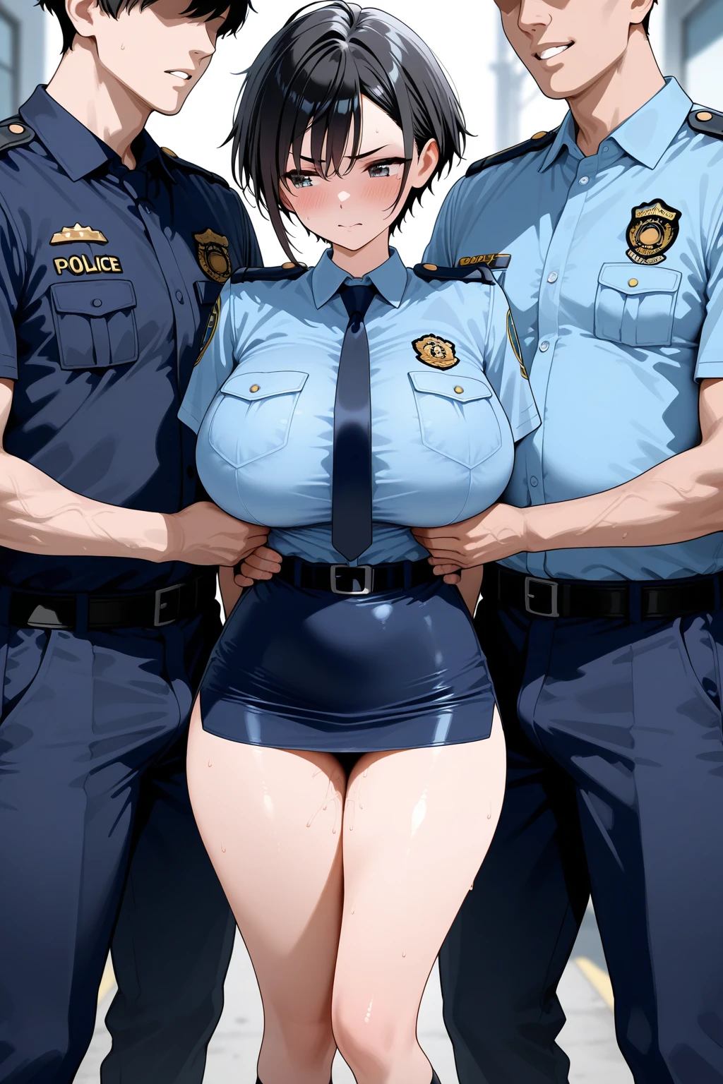 realistic, 1gril, per HD, 12k, slim body, rather big body, six pack body, big round breasts, uniform police girl clothes, beautiful breasts, looking at the camera, crawling on the dildo, long black hair, facial details, detailed person, body details, hair details, breast details, vagina details, eye details, sweat details, water details, pose (Masturbating with 3 girls) whole body, klimaks masturbating, perfect masturbating, stay in police office, lesbian, licking dildo, klimaks face masturbating