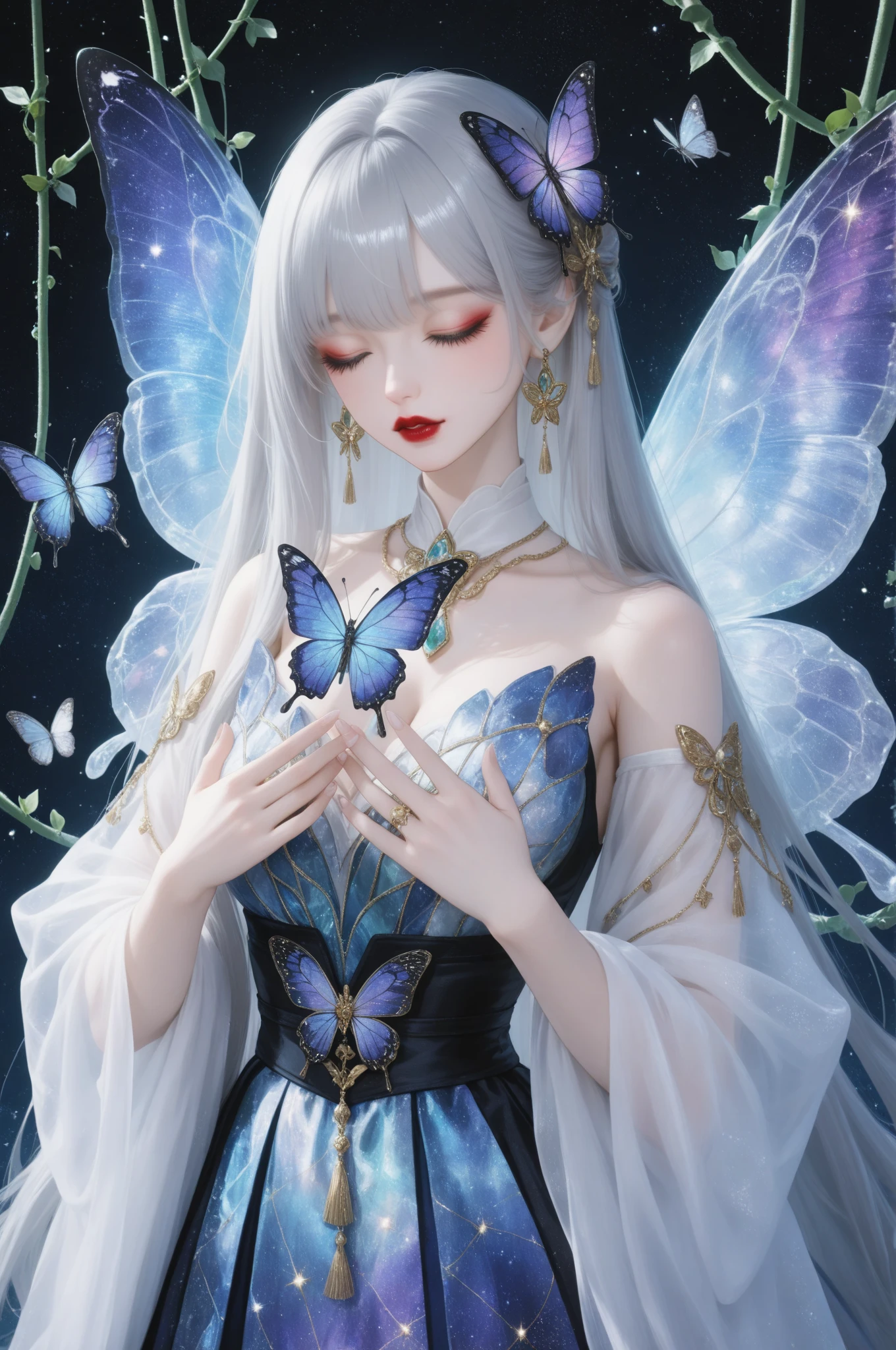 Color photo of a mysterious flower fairy with transparent colorful wings, Sit in the divine light, With neon lights, Have a magic wand,Axisymmetric, And a great background.Silver Dress, High heels, Flower Crown, Starry sky background, Gentle and enigmatic expression, Nikon Z7 II Camera, Fujifilm Velvia 50 Film, 50mm lens, High saturation, Tim Walker, David LaChapelle, Sofia Coppola, Valentino, Alexander McQueen