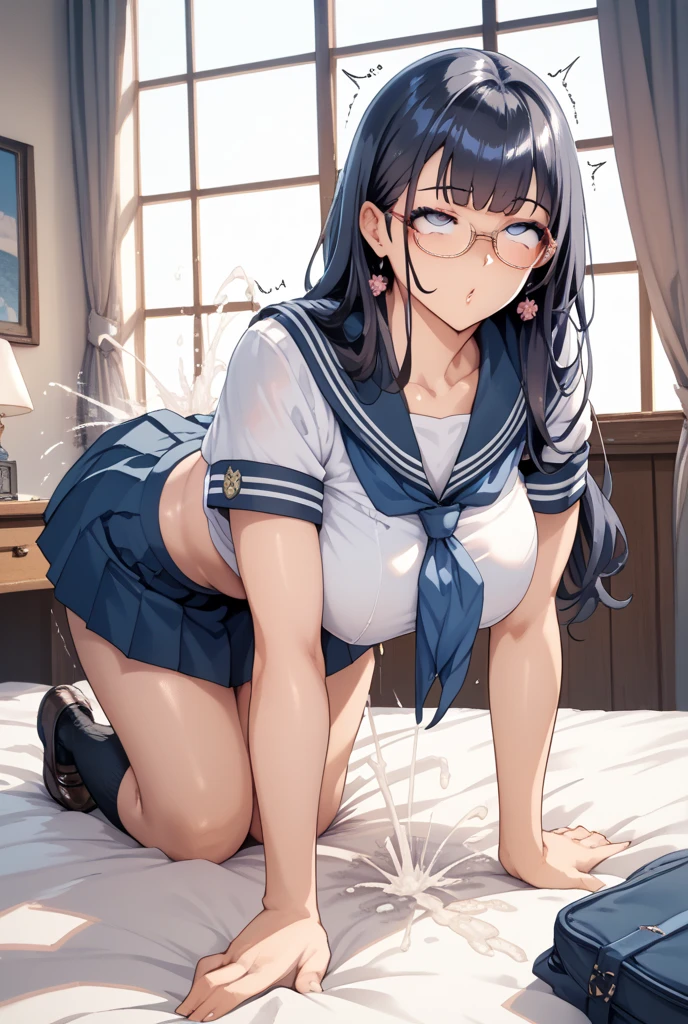 highest quality,wonderful,finely,extremely detailed CG unity 8k wallpaper,1 Girl, Large Breasts,(school uniform:1.3), Watching the audience, Put your arms behind your back,Black Hair, Glasses, Green Eyes,Twin tails, highest quality,Super detailed,unity 8k wallpaper,Game CG, sleepy, (half-closed eyes:1), (ohogao:1.3), heavy breathing, open mouth, frown, (motion lines, trembling), kneeling, upturned eyes, tears, cumdrip, camel toe,(lying on bed:1.5),(spread legs),(lying on back:1.3),tongue out
