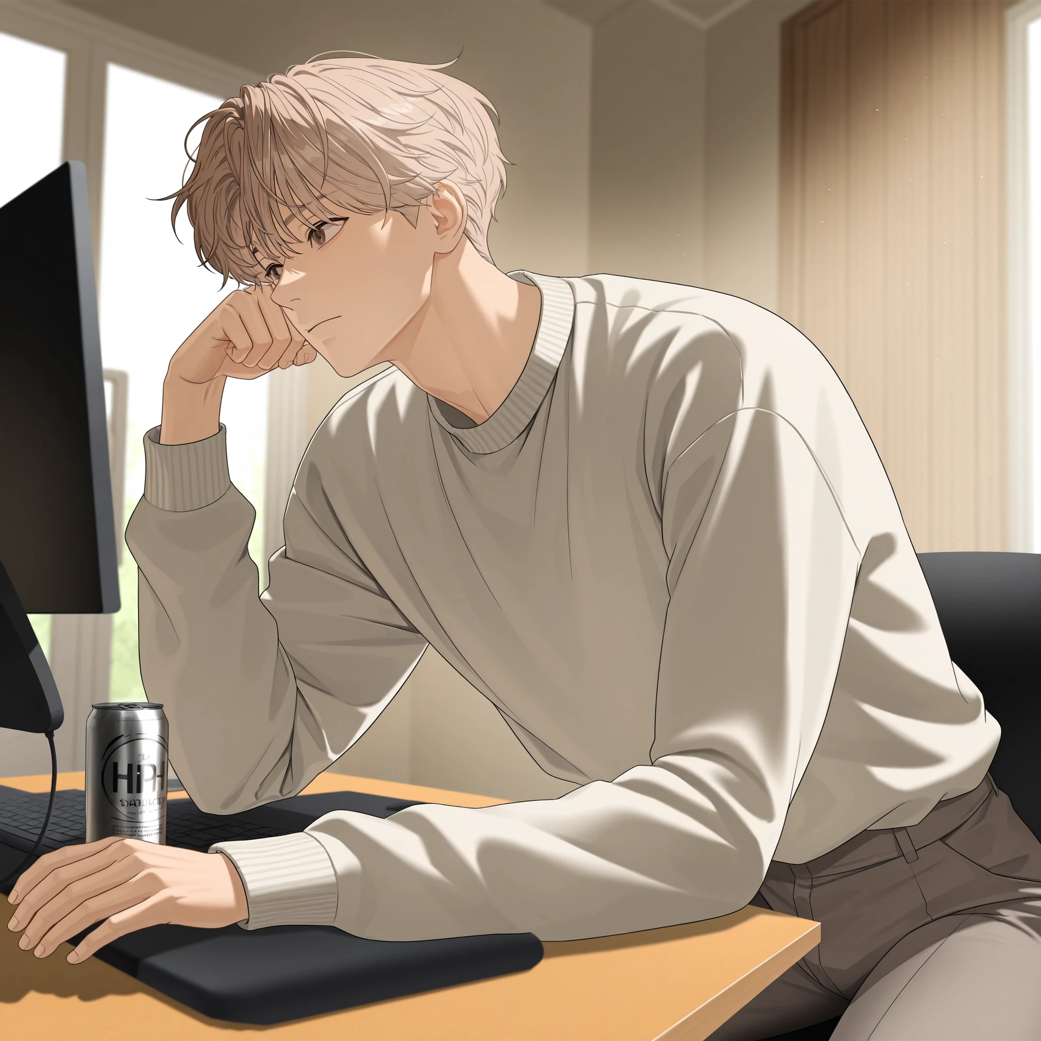 masterpiece,top quality,great quality,very aesthetic,very high resolution,Newest,volume light,Can use light ,Hi-Res,Realistic Shadows,ONE BOY BELOW HIM,Male Focus,solo,light brown hair as a pantsuit,curl hair,short hair,sweater,face up,Pose, Macbook ,indoor,day,On PC,