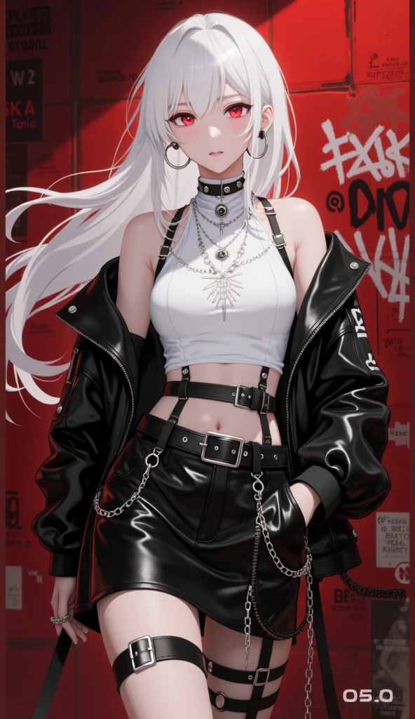albino woman (16 yrs old de idade) , vampires, freckles (fair and white skin:1.7)、 (((urban samurai))), (long white hair with red highlights)、(black and gold futuristic jacket and shorts:1.0)、(White smoke)、(two swordedium breasts)、bared shoulders, Double eyelids, (grey-eyed)、parted lips,standing alone,(neckleace)、Delicado e sexly(clavicle:1.3), (shining skin:0.8),(tabletop:1.4),(best qualityer:1.4),bright red lips, perfect abs, humida(full of sweat)、low angles, (from the angle below), highly detailed skin, skin pore,(Fund estilo Katsushika Hokusai), pose de atitude, hair with a modern and futuristic cut, urban game poster art, dramatic camera angles, graffiti art elements in the background, design mixing contemporary and retro by Shepard Fairey, (((cowboy shot))), (((best qualityer: 1.4))), (Unbeatable masterpiece), (hiper HD),(CG 8k hyper-realistic), Kizi, (((standing alone))), pirralha violent, (((16 yrs old))), sexly, pose de atitude, work of art, (((manga style))), bounty hunter, violent, Manic, slenderbody, thin but strong, perfectbody, roupa moderna, advanced technology, (( cowboy shot )). intricate visual