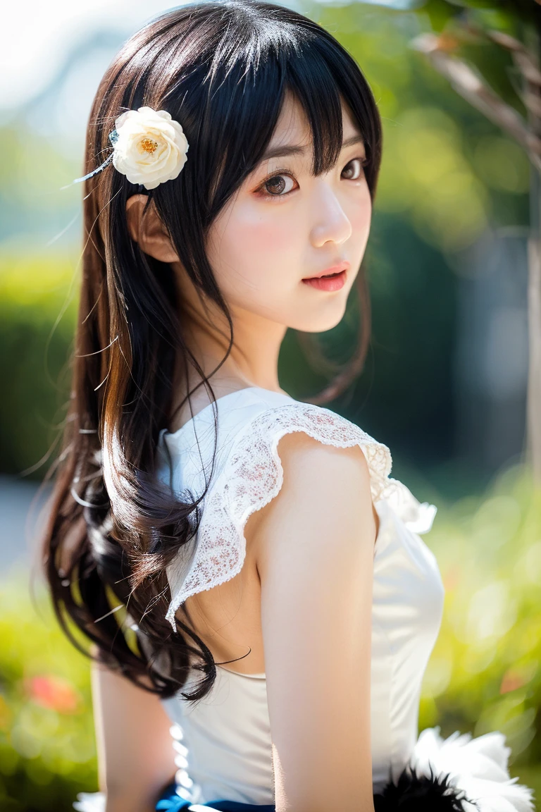 full body shot , Cafe,(Highest quality become familiar with:1.2), realistic, 8k eh, High resolution, fujifilm(medium format), hasselblad, carl zeiss, Incredible dynamic range photography(utility_art：Smooth-768:1.1), (1 girl:1.2), Super become familiar with, high quality texture, intricate details, become familiar with, Very become familiar with CG, high quality shadows, become familiar with beautiful and delicate face, Beautiful details and delicate eyes, Depth of written boundary, ray tracing, 16 years old, cute japanese girl, narrow side, glossy lips, glow eyes, perfect body, look at the audience, (jewelry/accessories), (Eye color is brown), (red flower hair ornament), (white long hair), (layered hairstyles), (Black Gothic Lolita), White flowers bloom all over the wall,smile, Be sure to add details in the 服, whole body,full body shot,Covering the face,Cafe,play the guitar,marble,blue sky, dancing 