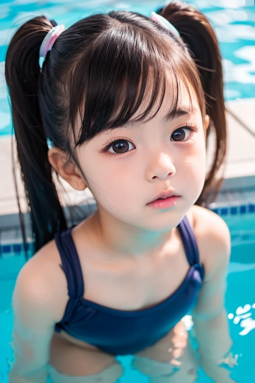 one girl, (a beauty girl, delicate girl:1.3), (12 years old:1.3),((Wet school swimsuit)) (Navy school swimsuit:1.3),((Cute pose)) ,Very detailedな明瞭さ, (Symmetrical eyes:1.3), (School swimming pool, indoor:1.3), Small breasts, Brown eyes, ((very beautiful long black hair)),((Pixie Cut))、 Brown Hair, girl,, (Eye and facial details:1.0),, (masterpiece, Highest quality, Very detailed, Detailed face, 8k)