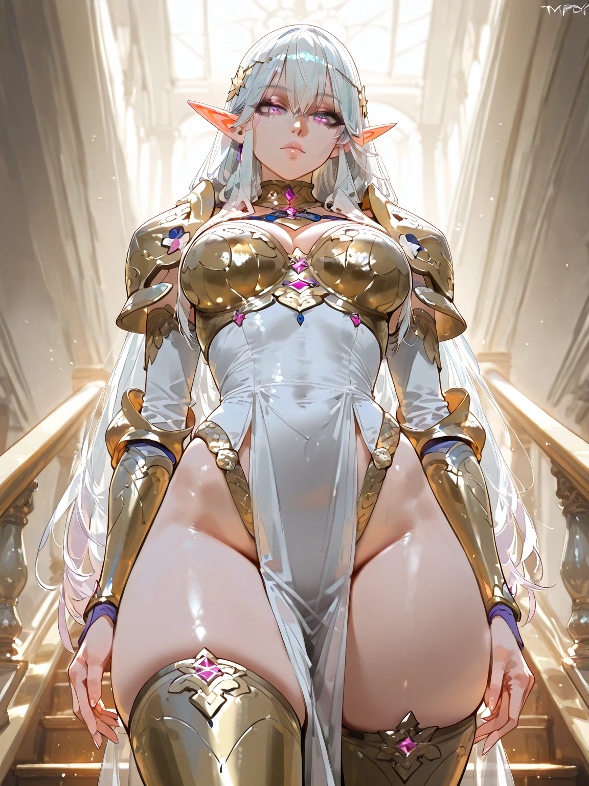 Beautiful Alluring cyborg Aphrodite, Bare Skin, Athletic Well Toned Body, Elegant Form, Bare Skin, bathing inside a pool at a greek temple, Barely Clothed, Beautiful Face, loose white linen chiton, gold filigree mechanical limbs, exposed ornate gold robotic parts, chrome skin, pink glowing parts, fantasy Theme, futuristic Theme, Fiverr Dnd Character, Octane Render, Digital Art, Extreme Detail, 4k, Ultra Hd, Polished, Beautiful, Hyperdetailed, Intricate, Elaborate, Meticulous, Photorealistic, Sharp Focus, Wlop, Character Design, Unreal Engine, 3d Rendered, Volumetric Lighting, Reflections, Glossy, Digital Illustration, Sensual Pose, Suggestive Pose, Lewd, Full Body Shot, naked, visible nipples, puffy vagina💖❤💕💋❣