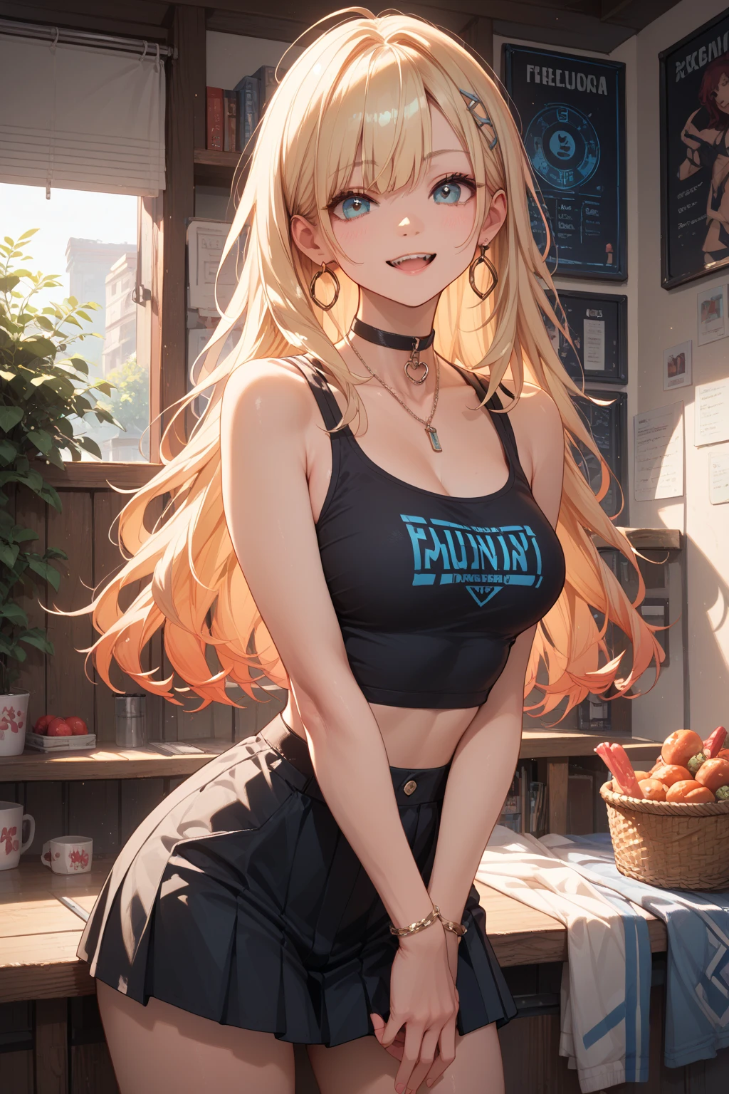 (highest quality, High resolution, perfect pixel, Depth of bounds written, 4K), upper body, (chair), (looking down), (detailed eyes), (1 lady), tall, (skinny body:1.2), (thin thighs:1.2), (Narrow hips:1.2), (black tube tops:1.4), bellybutton, sleeveless, middle breasts, (blond hair), (ponytail:1.2), (standing:1.2), (denim skirt:1.2), (panty strap), (hands on hips:1.2), contrapposto, (seductive smile),
