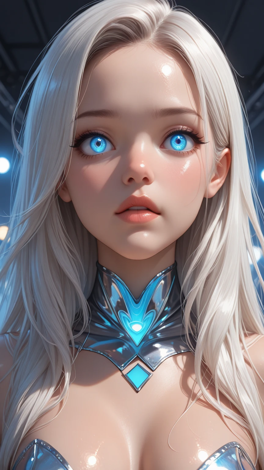 ((Upper Body)), best quality, masterpiece, a japanese woman ((Glowing white hair)), ((Detailed pearly blue eyes)), High Detail Goddess Soul, Focus on character, Solitary, (Style Swirl Magic), Solitary, From the front, Front view, looking at the audience, Delicate face, ((Glowing Lighting Magic Circle Theme)), perched on a ledge, Skinny neon body, Light streaks, Dark Abyss Wanderer Summary, ((Simple Glowing Neon Robe)), Carved with mysterious runes, Outdoor dystopian background,