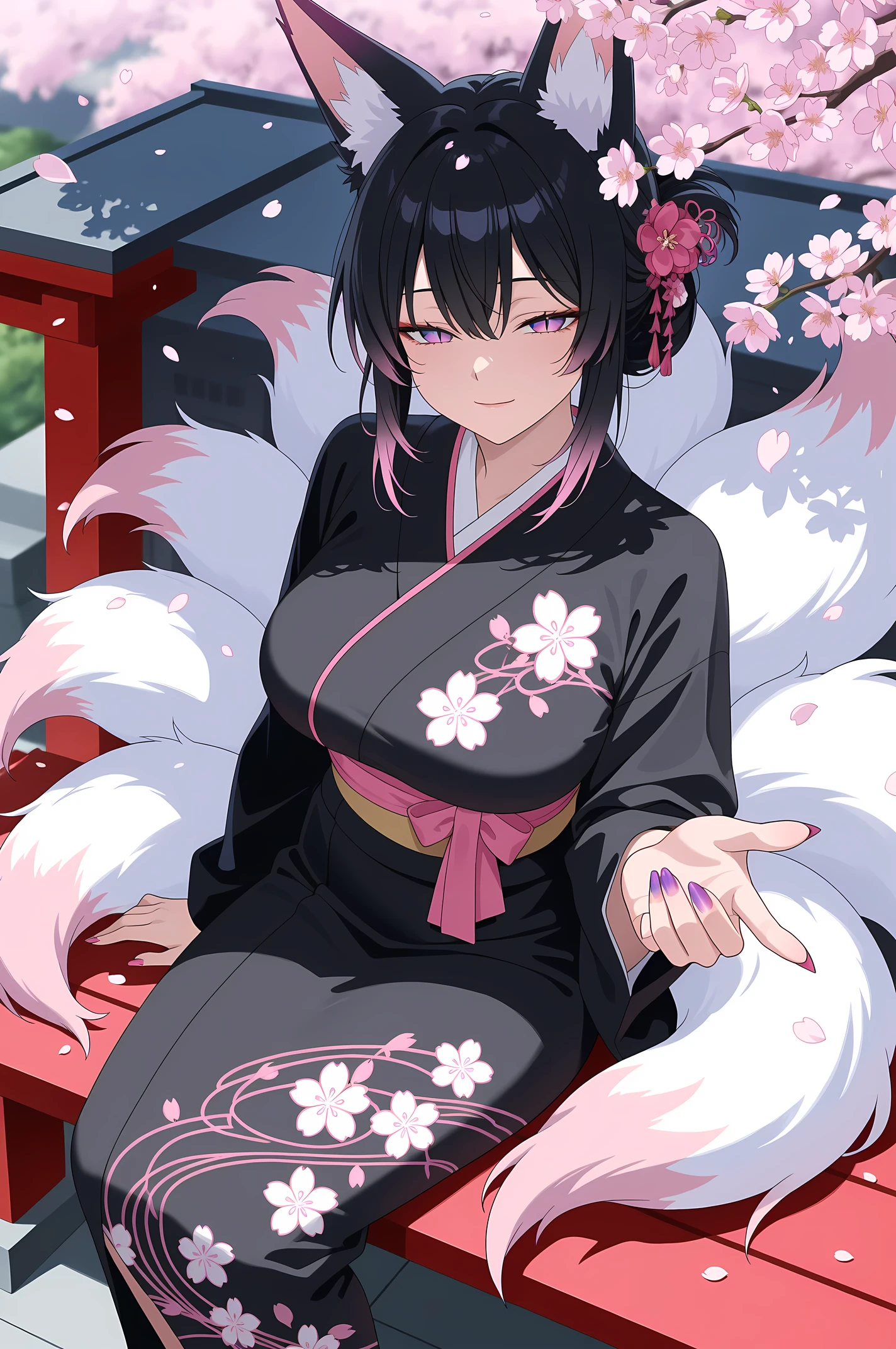 masterpiece, best quality, amazing quality, very aesthetic, colorful, rating:safe, from above, 1girl, mature female, kitsune, kyuubi, aged up, sitting, hanami, half-closed eyes, light smile, looking at viewer, beckoning, tapping side, folded hair, black hair, pink highlights, light purple eyes, gradient eyes, slit pupils, fox ears, multiple fox tails, nine tails, breasts, claws, gradient nail polish, black kimono, flower print, outdoors, shrine, cherry blossoms, shade, blurry background, absurdres, (anime coloring), lineart