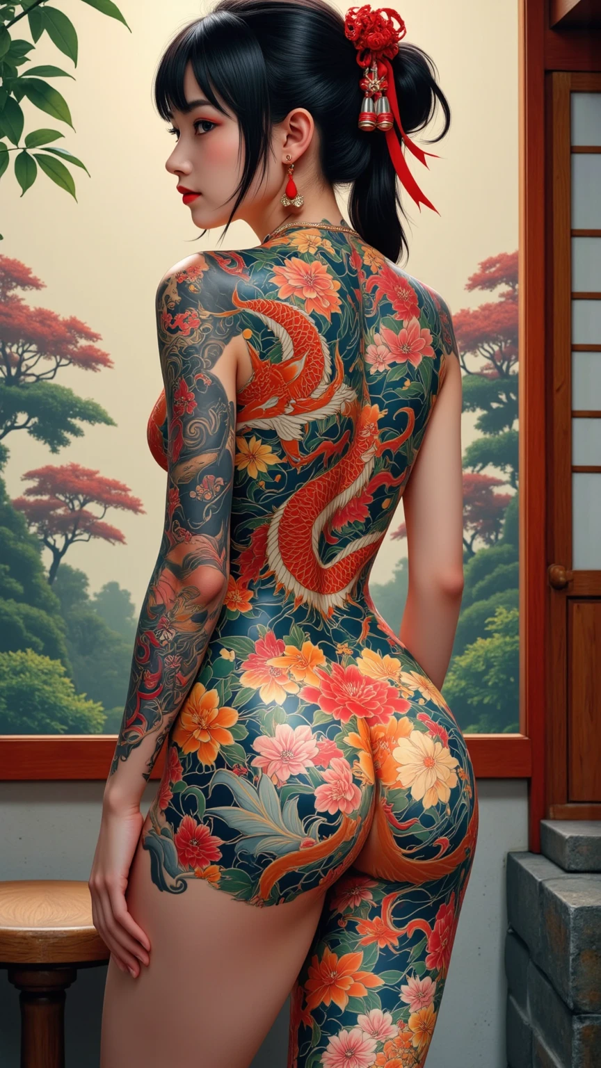 1girl, beautiful girl (24 years old), cute smile, beautiful face, blue eyes, long hair, pink hair: 1.2, wavy long hair, bangs, flower hair ornament, hair pin, hair bun, off-shoulders, bare shoulders, (half-body), (japanese kimono, open chest kimono), Ultra Gigantic Breasts: 1.2, perfect firm breasts, highest quality, ultra-detailed, hyper detail face, detailed face: 1.2, gigantic breasts, irezumi tattoo style, tattoo on breasts, tttattoo