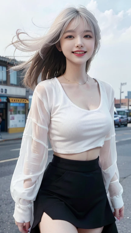 Top-quality Realistic,Official art,Highly detailed CG Unity 8k wallpaper,ultra-detailliert,hight resolution,Physically-based rendering,Magnificat,finely detail,masterpiece,Best Quality,ultra detailed, Face Light,Mature beauty,Beautiful girl,1girl,moist lips,sexy lips,Sexy smile,Gentle smile, 20 years old, Beautiful bare skin,Smooth bare skin,(Beautiful and radiant skin), big well-shaped breasts, beautiful cleavage,beautiful Mature body,swept bangs,(Medium hair:1.3), beautiful detailed eyes,model shoot style,Japanese Idol, Full-body,((A crowded street in heavy rain:1.3)),(Standing there in the rain and Smiling sadly:1.5),(Soaked all over:1.2),BREAK,nsfw,((off shoulder soft tulle Sheer White Long T-shirt:1.3)),BREAK,(ash navy cocoon silhouette pants:1.3),BREAK,(Heart shaped necklace),(Triangle ornament earrings),BREAK,looking down,shoot from below,((Extreme close-up)),