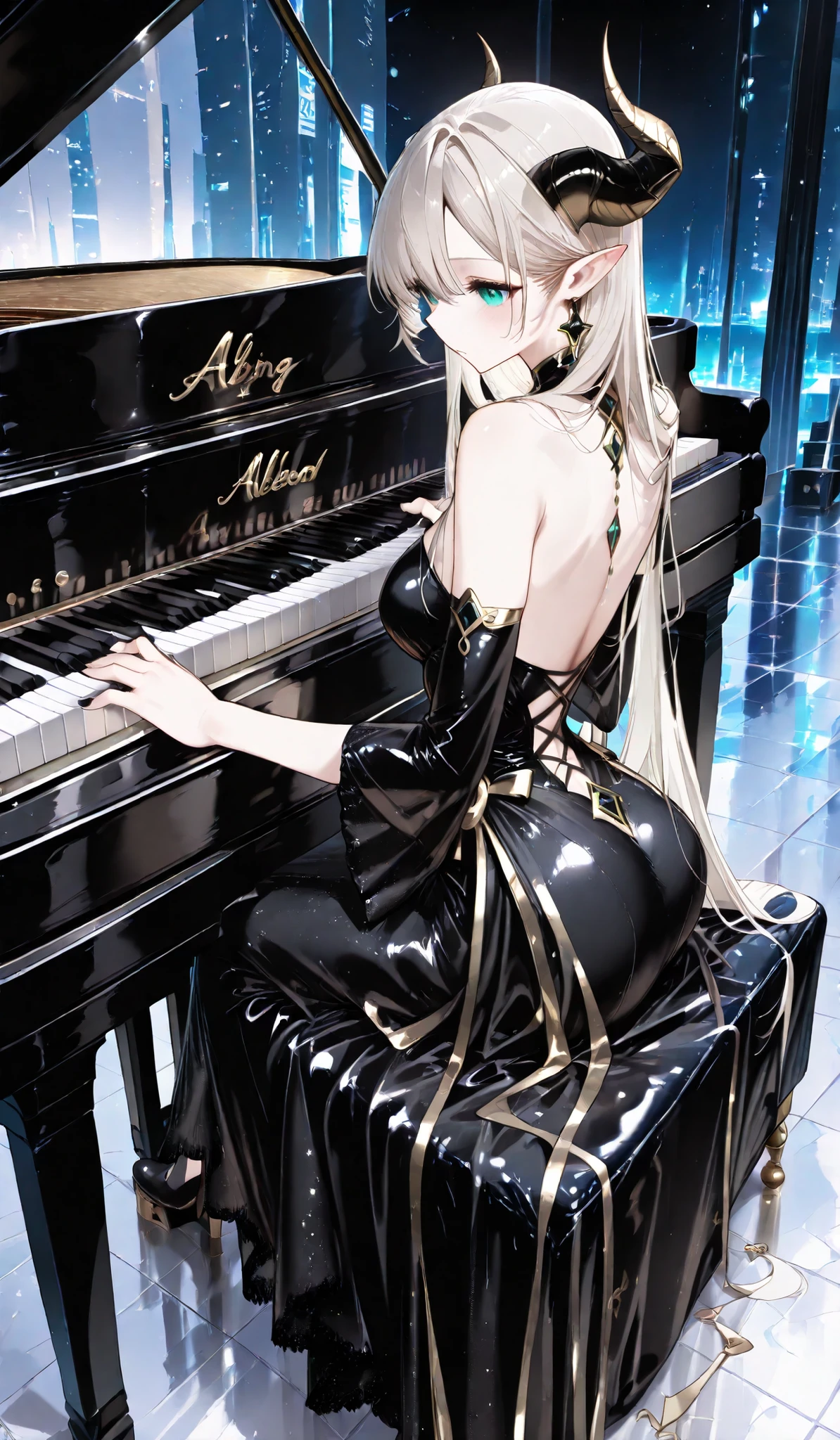 Albedo from overload anymore, playing up piano in black dress, setting on tool goddess.Look king beautiful scene