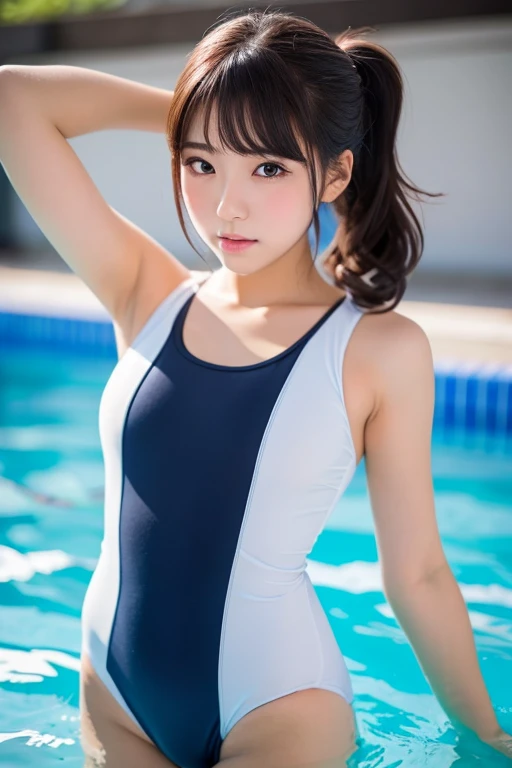 ulzzang -6500-v1.1, (Raw photo:1.2), (Photorealistic), Beautiful detailed girl, Very detailed eyes and face, Beautiful detailed eyes, Huge file size, High resolution, Very detailed, Best Quality, [masutepiece:1.6], Illustration, Very detailed, nffsw, Fine detail, Best Quality, 8K Wallpaper, Movie Lighting, 1 girl, 17 years old, Perfect body shape, Big with tension, [Big, heavy breasts, J Cup: 1.9], Cute drooping eyes, Beautiful big eyes, Sweaty and wet, [Sexual arousal: 1.6], (the whole body is wet: 1.2), Light in the eyes, Short hair, High School Girl, (Japan Girl Swimsuit, White one-piece swimsuit, Navy Japan Student Swimsuit: 1.Lig, Dynamic Pose, Big, Huge, plump body shape、((outside highschool competition swimmingpool)) ((outside highschool competition swimmingpool)) ((highschool competition swimmingpool)) ((highschool competition swimmingpool))